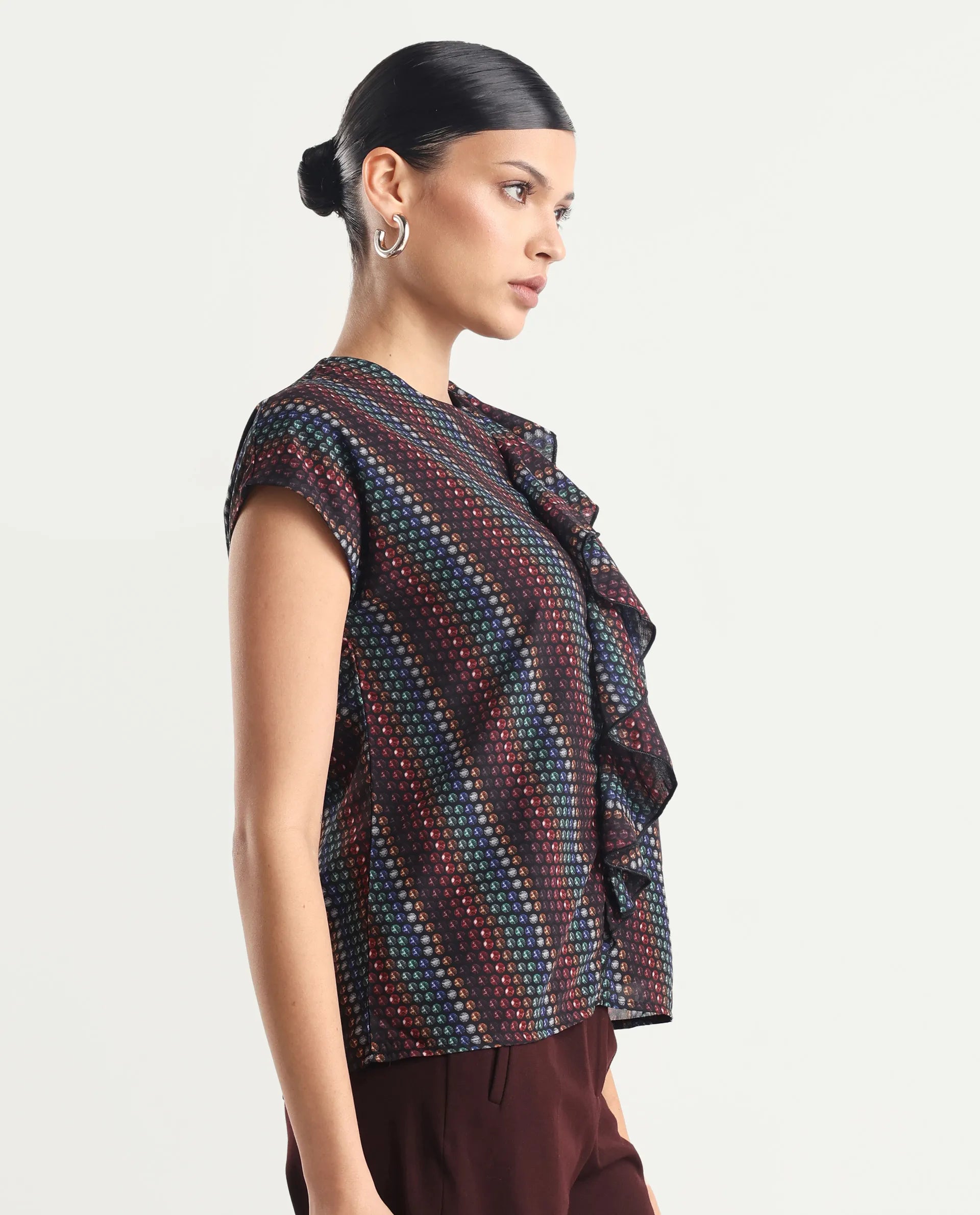 Rareism Women's Gingan Dark Multi Polyester Crew Neck Geometric Print Extended Sleeves Regular Fit Top