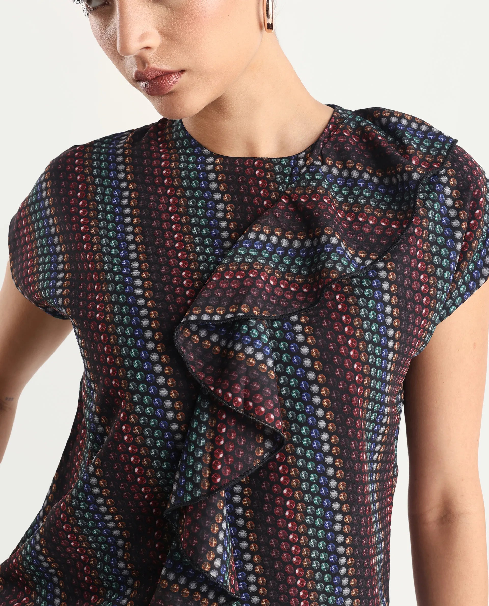 Rareism Women's Gingan Dark Multi Polyester Crew Neck Geometric Print Extended Sleeves Regular Fit Top