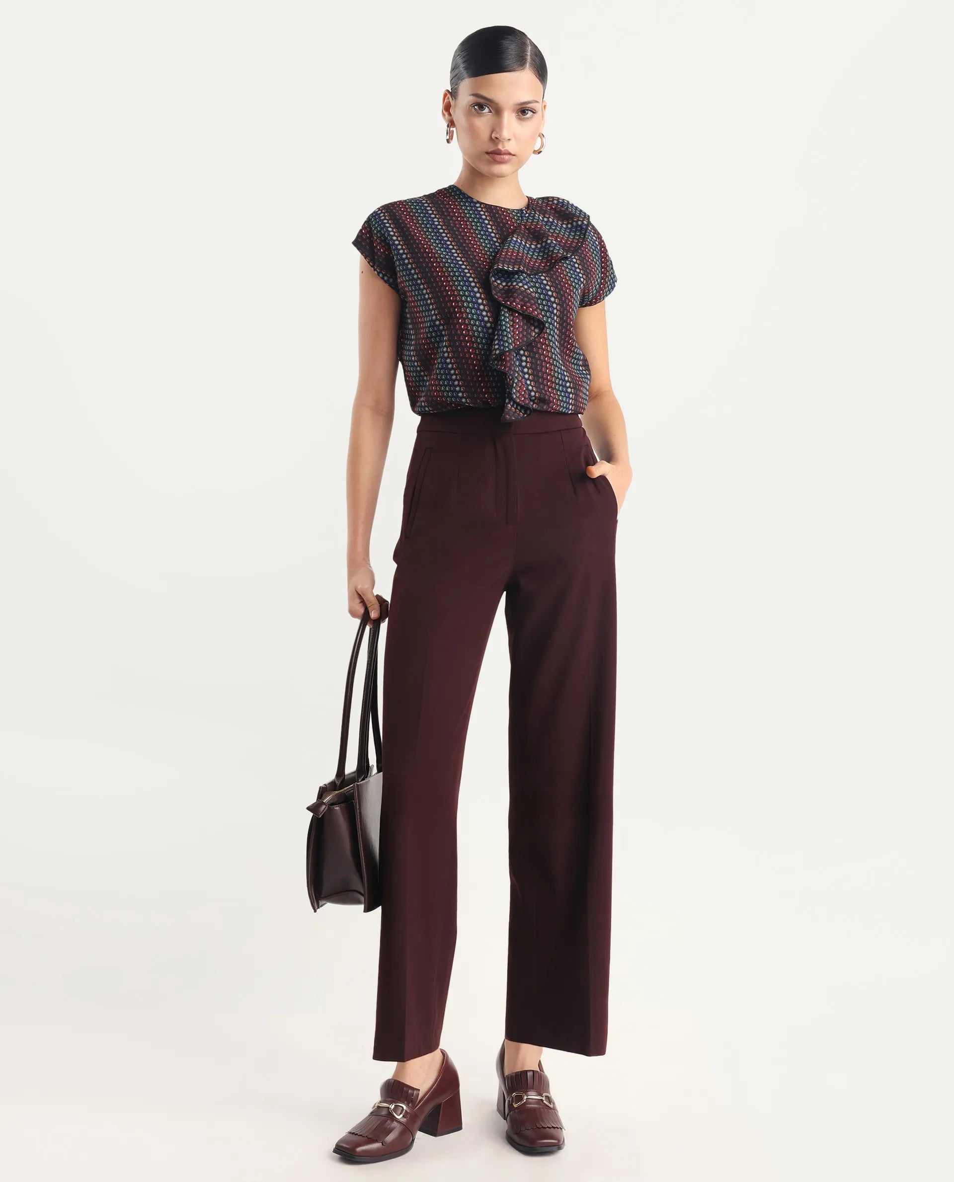 Rareism Women's Gingan Dark Multi Polyester Crew Neck Geometric Print Extended Sleeves Regular Fit Top