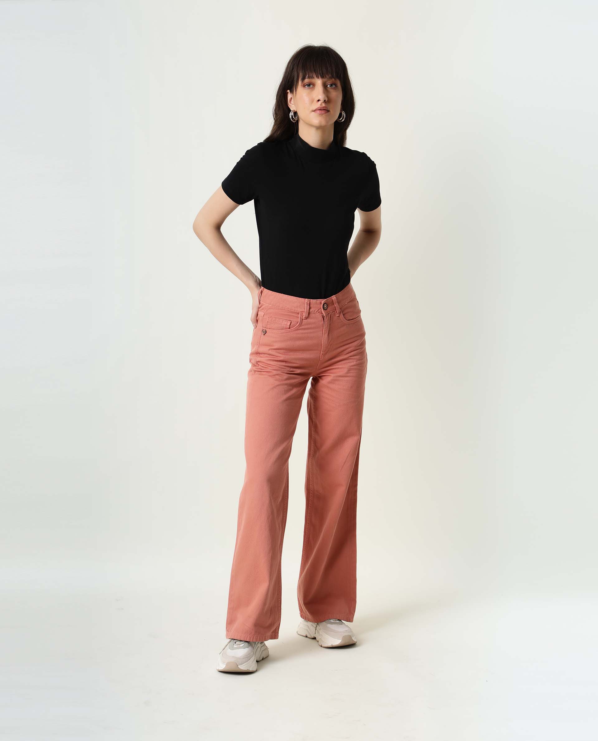 Rareism Women Ginno Light Peach Cotton Fabric Regular Fit Mid Rise Solid Ankle Length Trousers