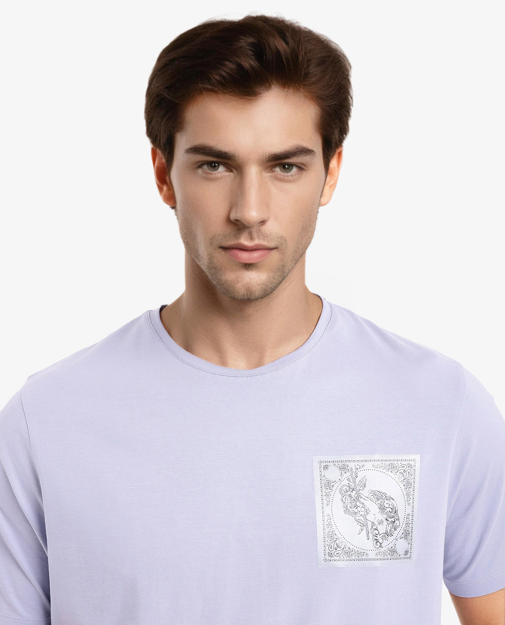 Rare Rabbit Men Gino Blue Cotton Lycra Fabric Short Sleeve Crew Neck Graphic Print T-Shirt