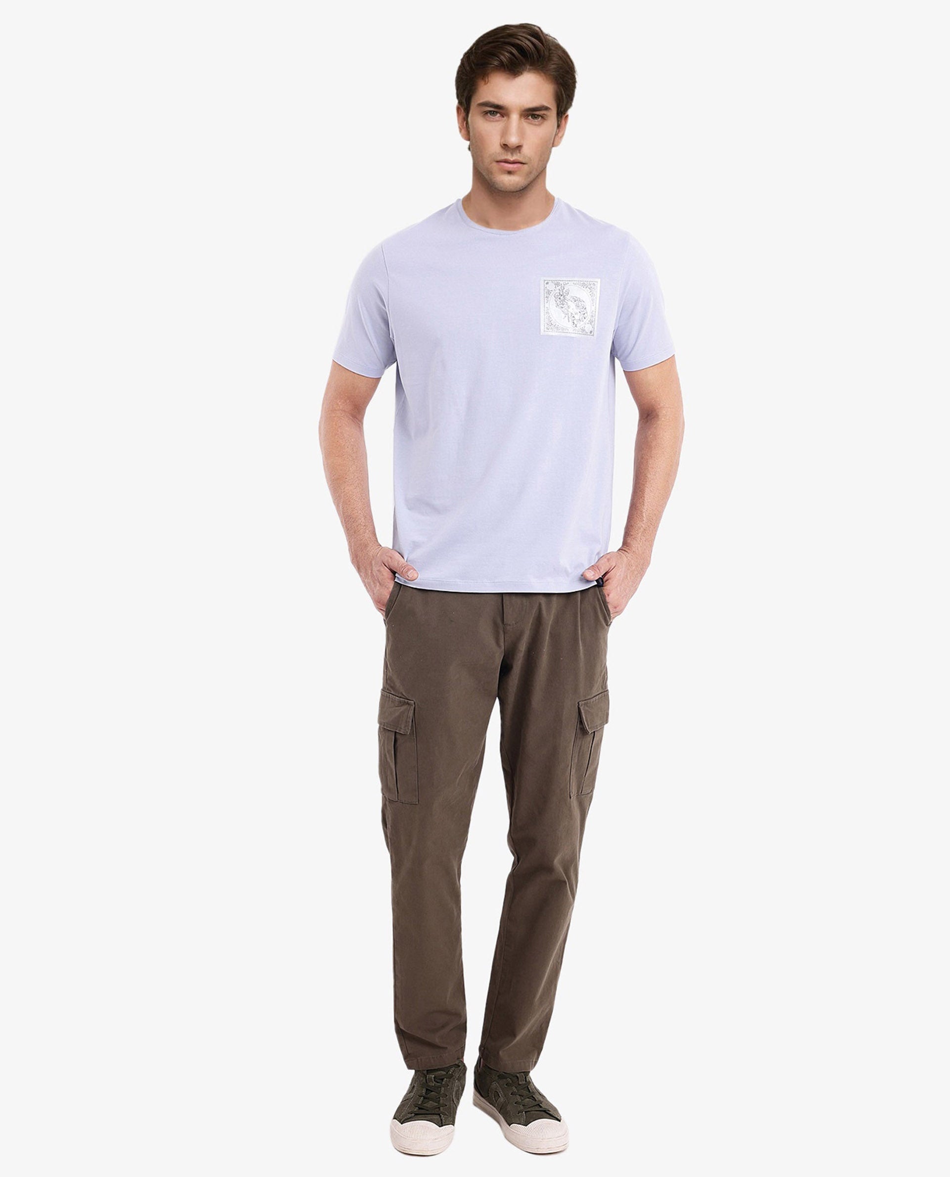 Rare Rabbit Men Gino Blue Cotton Lycra Fabric Short Sleeve Crew Neck Graphic Print T-Shirt