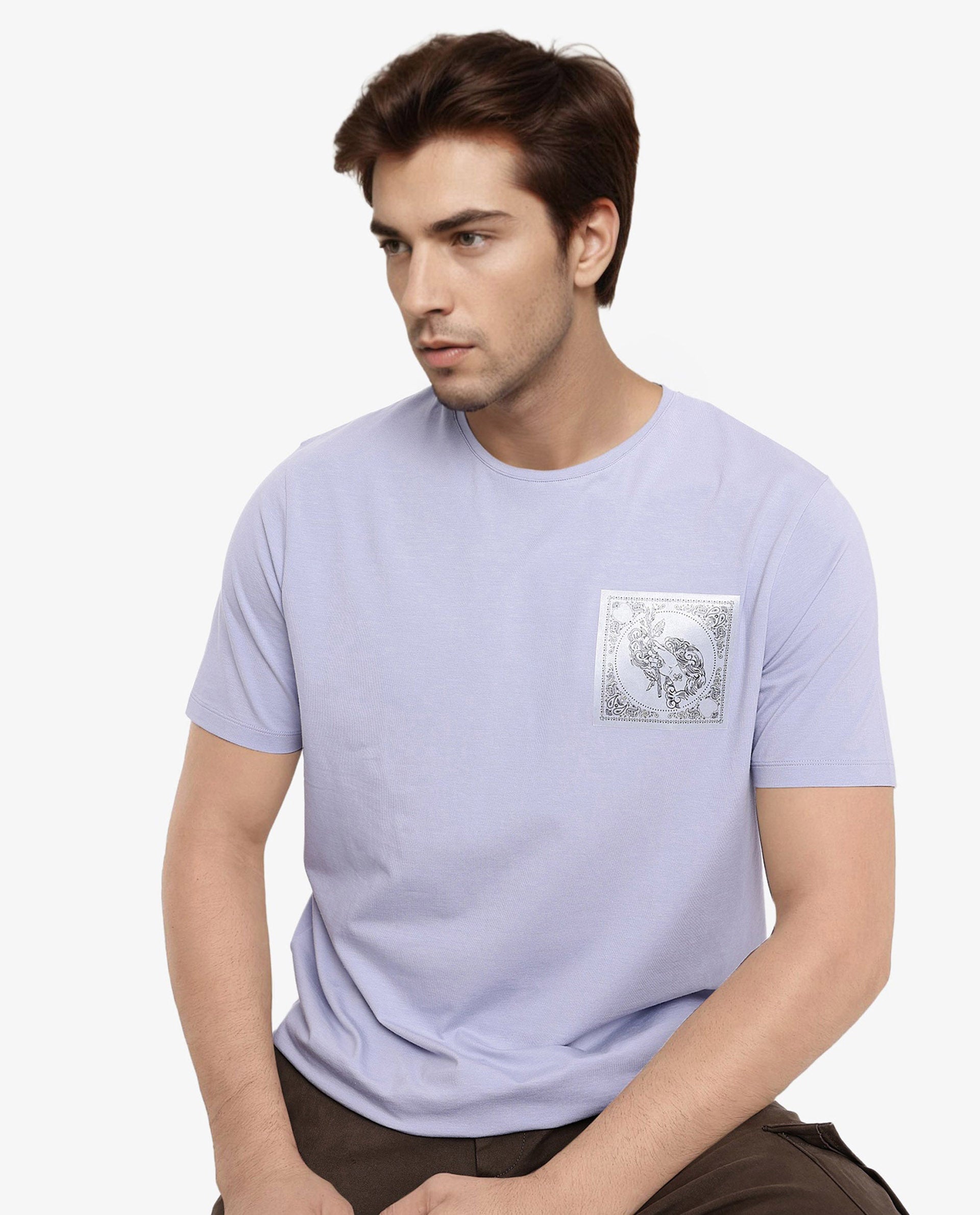 Rare Rabbit Men Gino Blue Cotton Lycra Fabric Short Sleeve Crew Neck Graphic Print T-Shirt