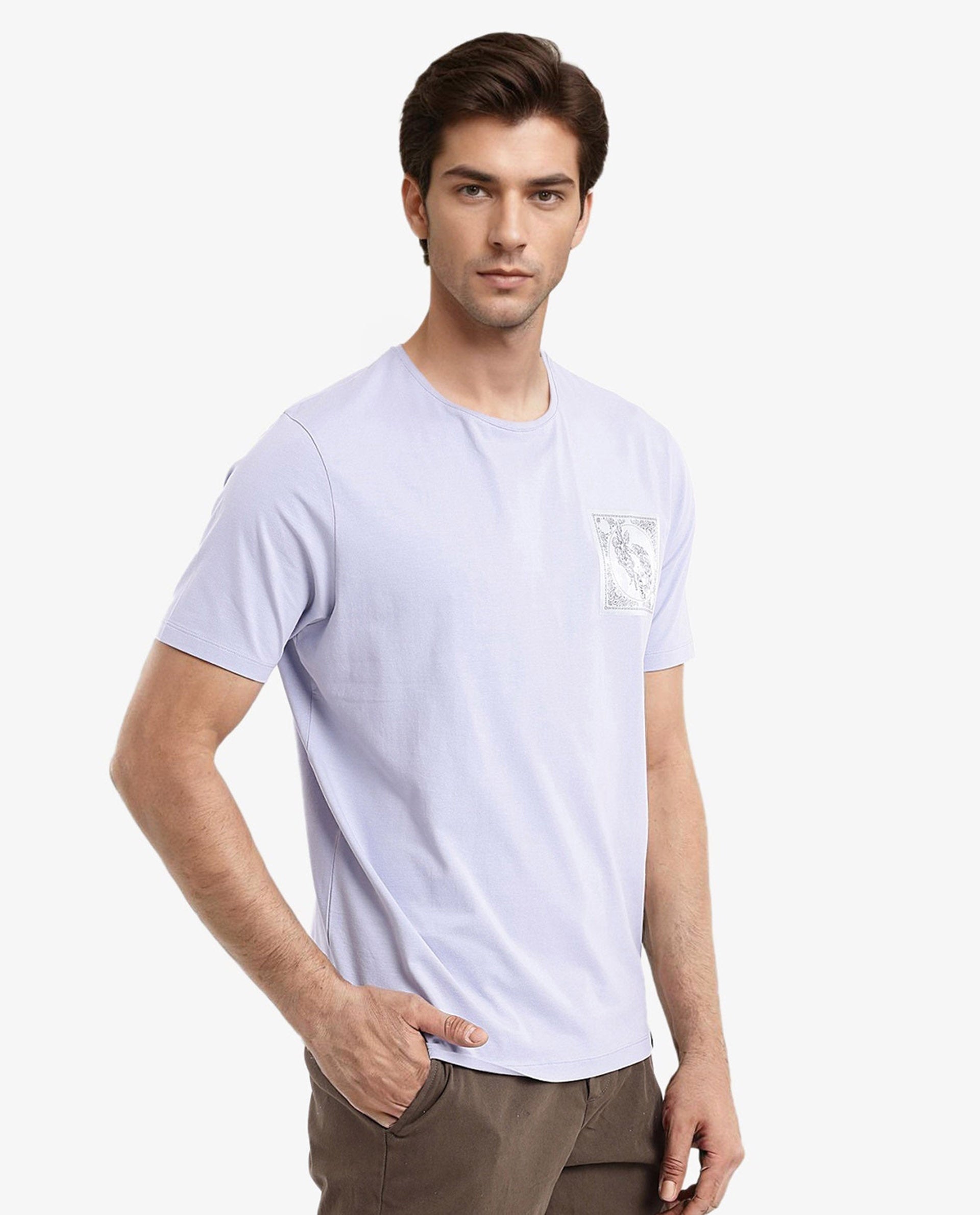 Rare Rabbit Men Gino Blue Cotton Lycra Fabric Short Sleeve Crew Neck Graphic Print T-Shirt