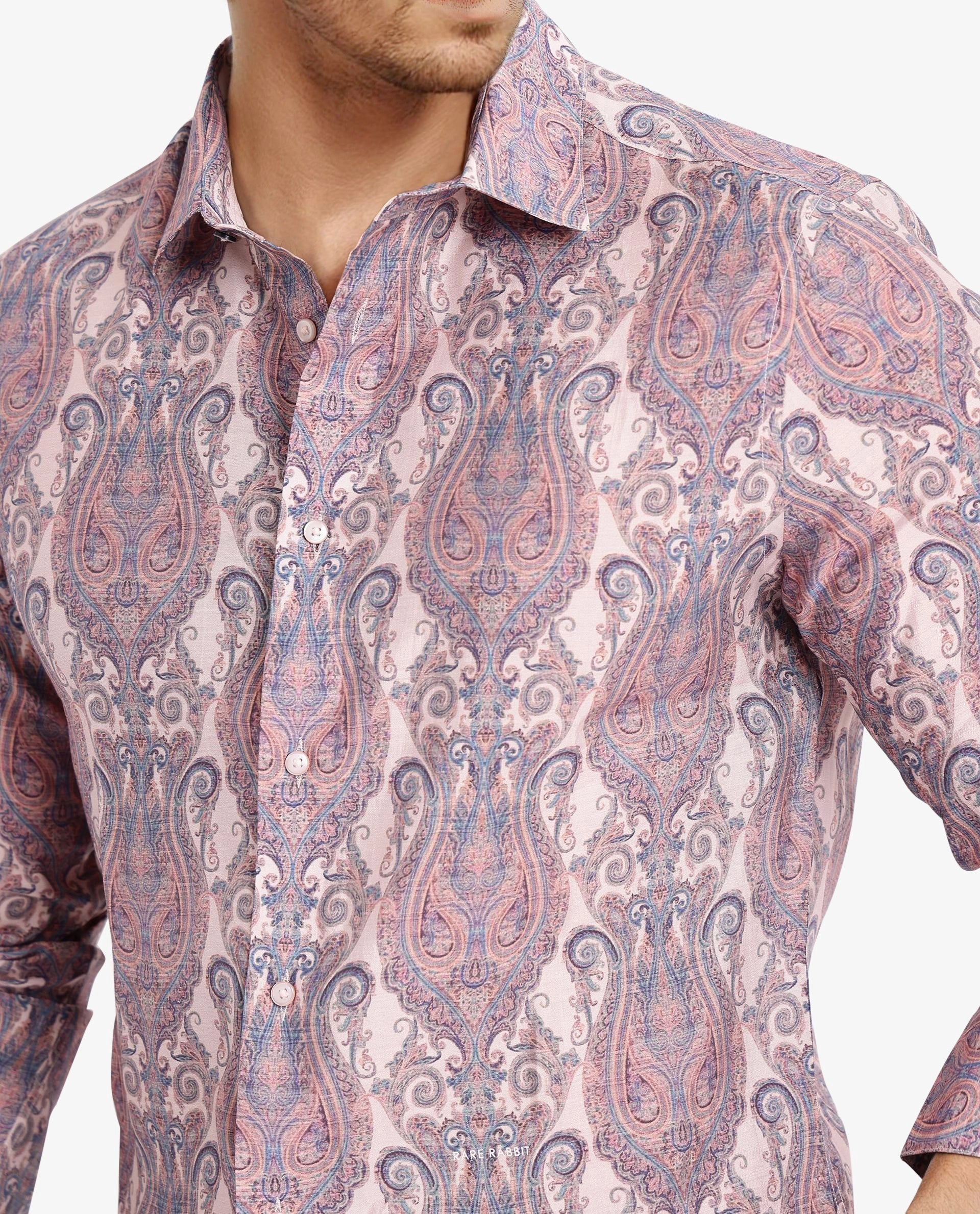 Rare Rabbit Men Gisda Pastel Pink Full Sleeve Button Closure Regular Fit Paisley Print Shirt
