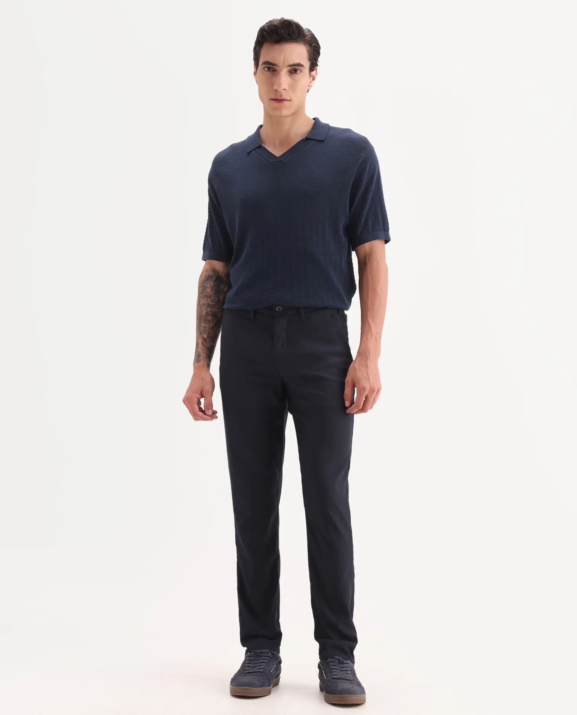 Rare Rabbit Men's Glade Dark Navy Viscose Plain Slim Fit Trouser