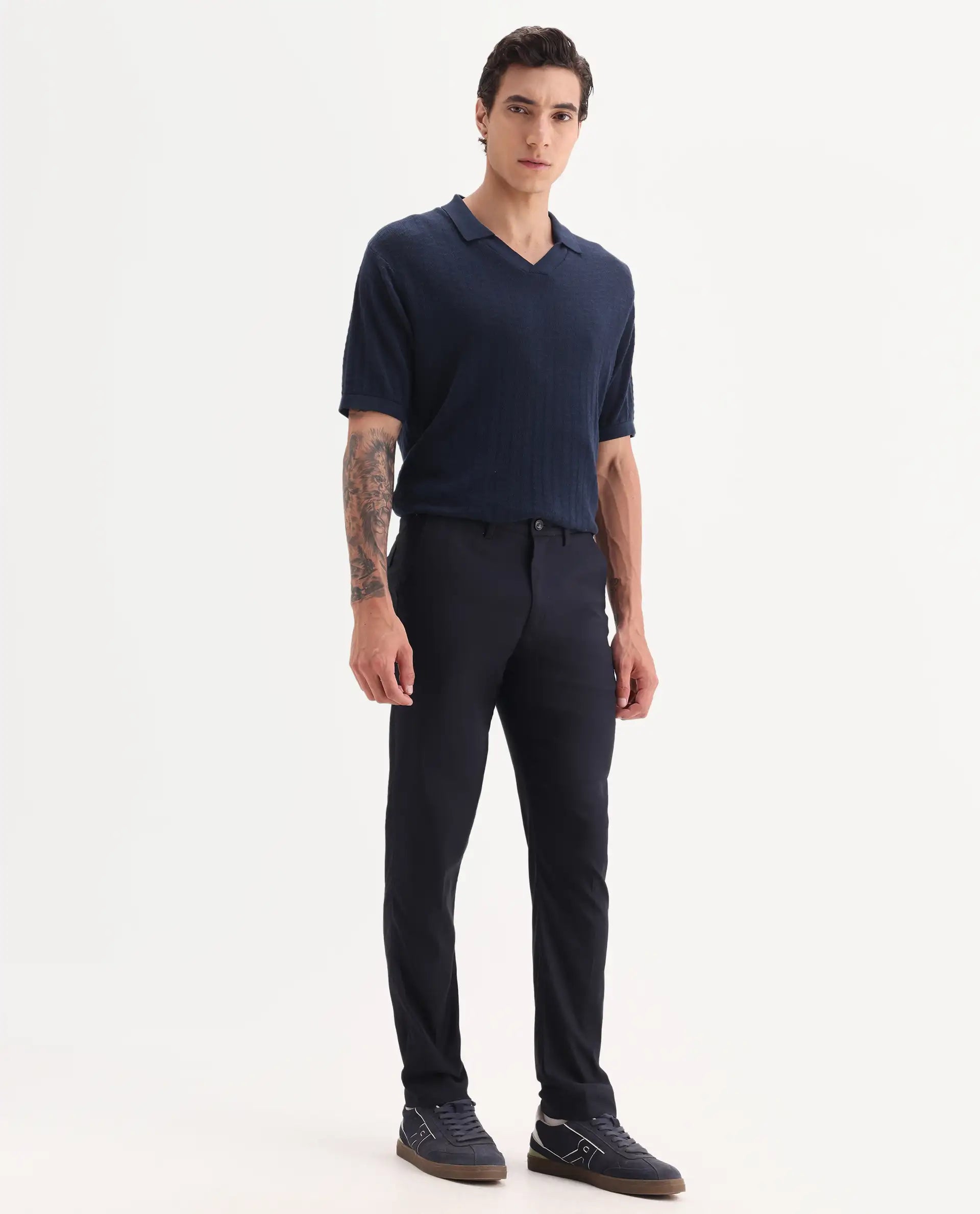 Rare Rabbit Men's Glade Dark Navy Viscose Plain Slim Fit Trouser