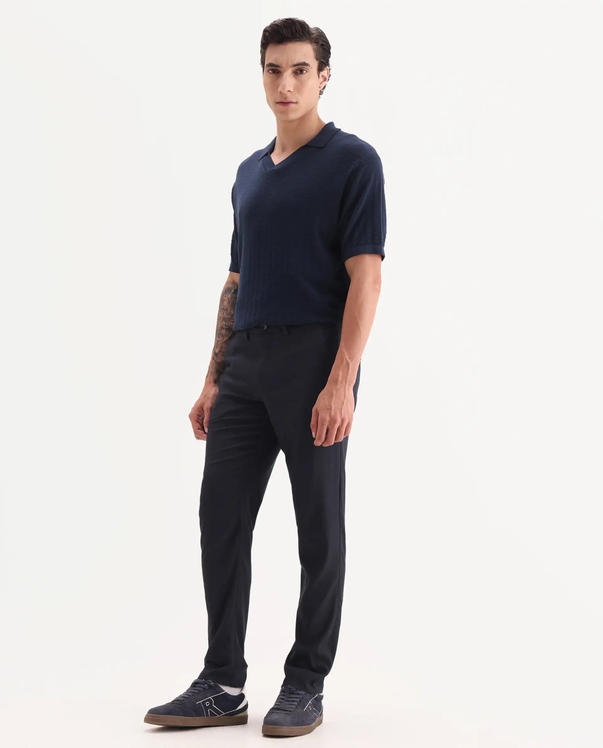 Rare Rabbit Men's Glade Dark Navy Viscose Plain Slim Fit Trouser