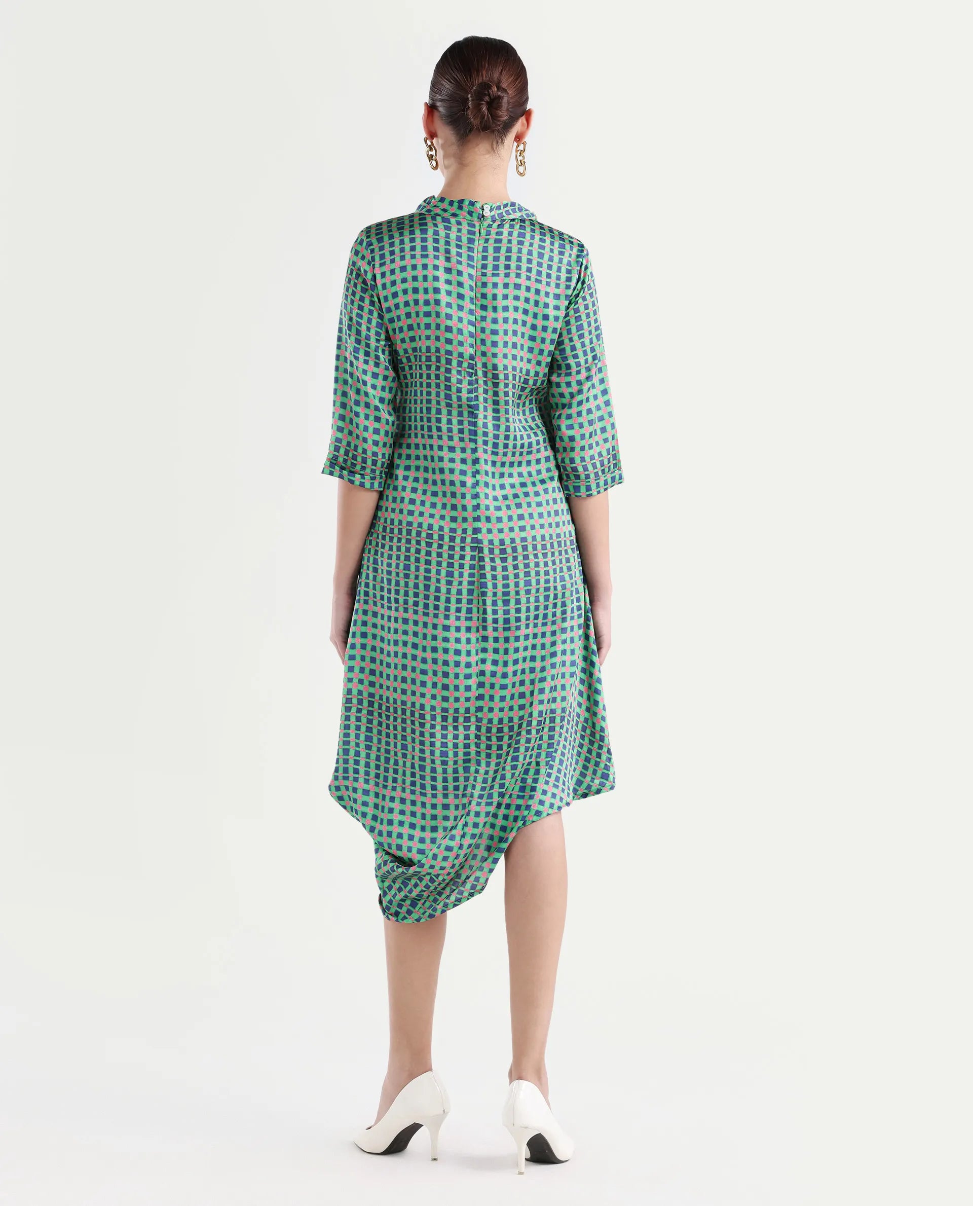 Rareism Women's Gleam Green Polyester High Neck Geometric Print Knee Length Regular Fit Dress