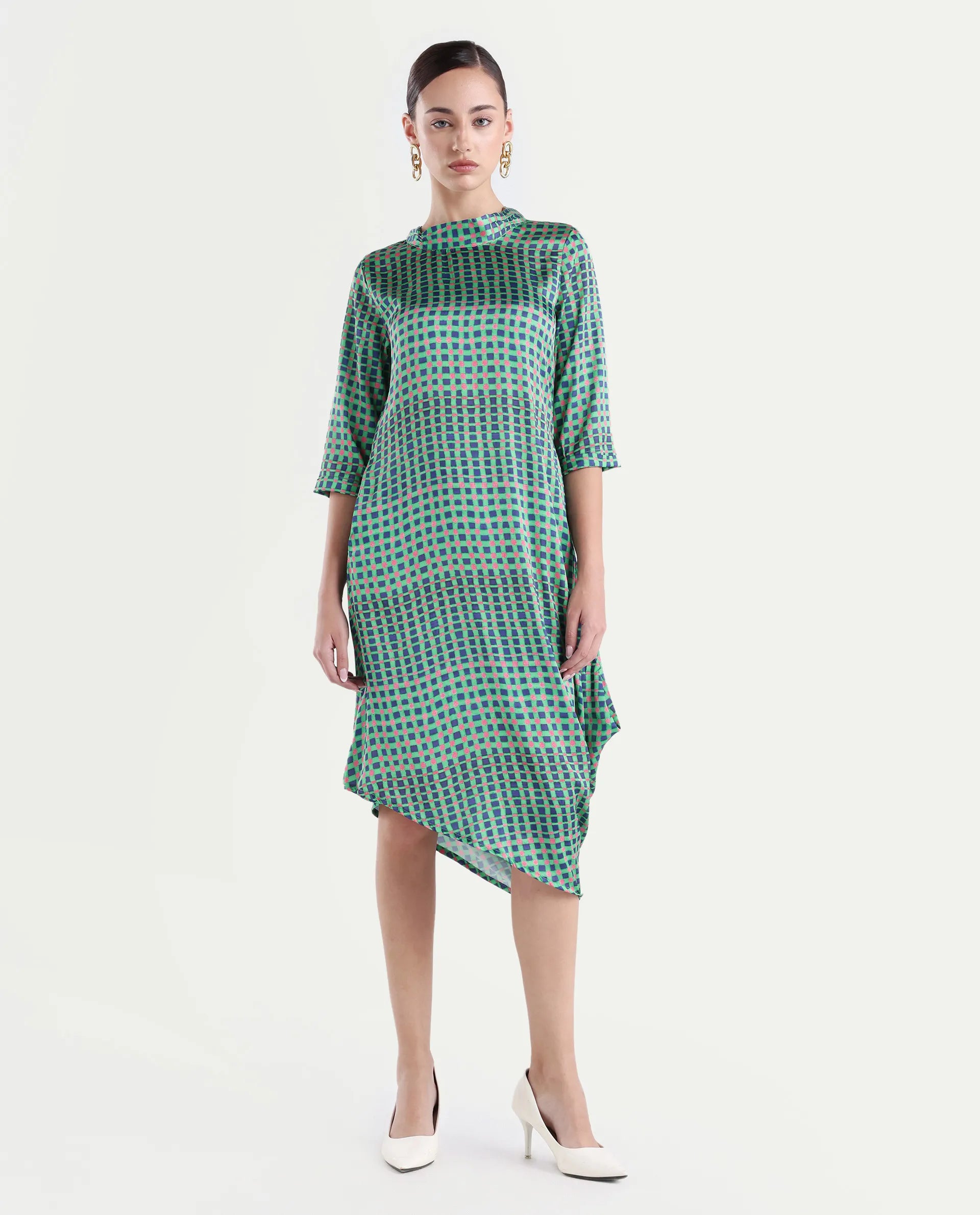 Rareism Women's Gleam Green Polyester High Neck Geometric Print Knee Length Regular Fit Dress