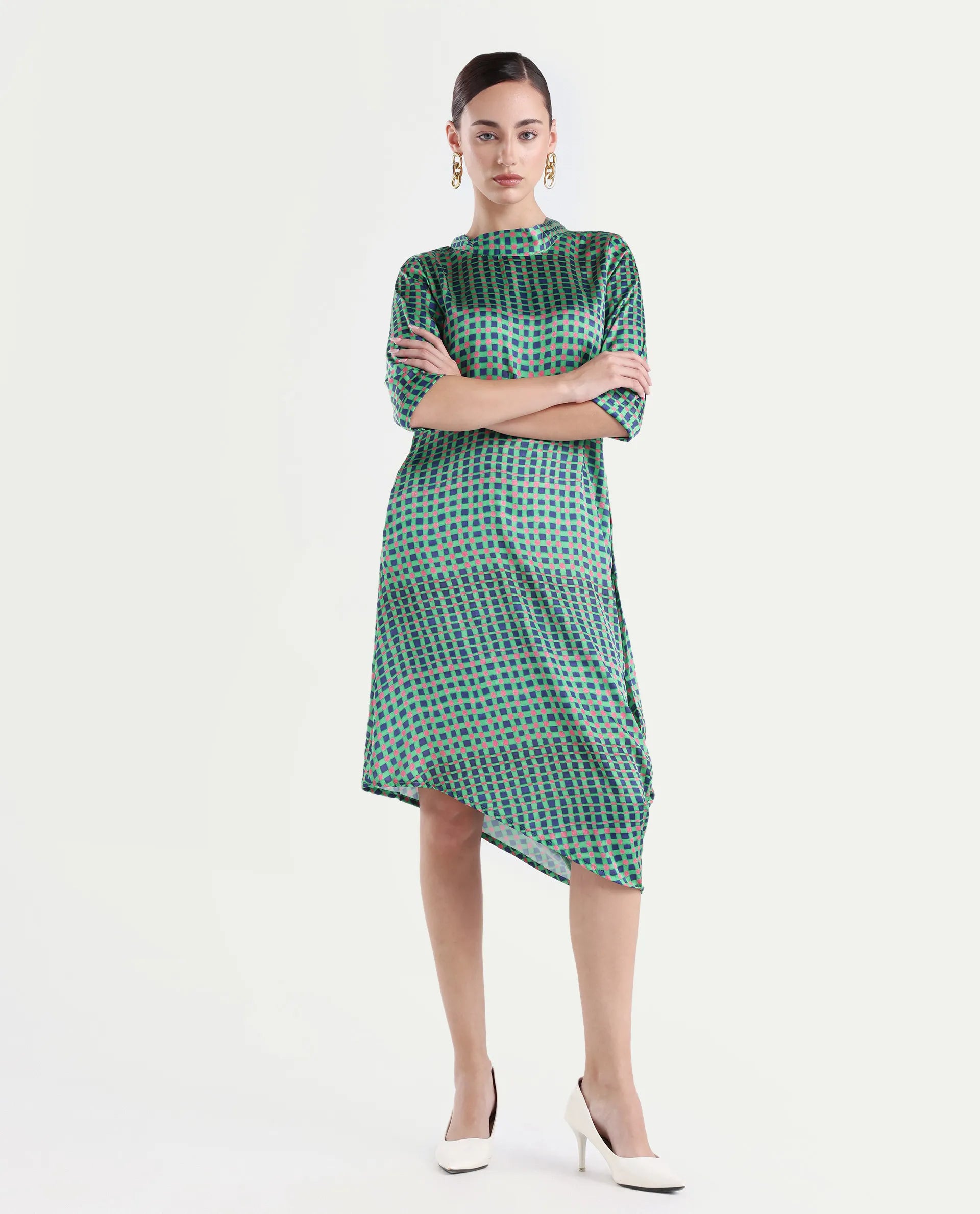 Rareism Women's Gleam Green Polyester High Neck Geometric Print Knee Length Regular Fit Dress