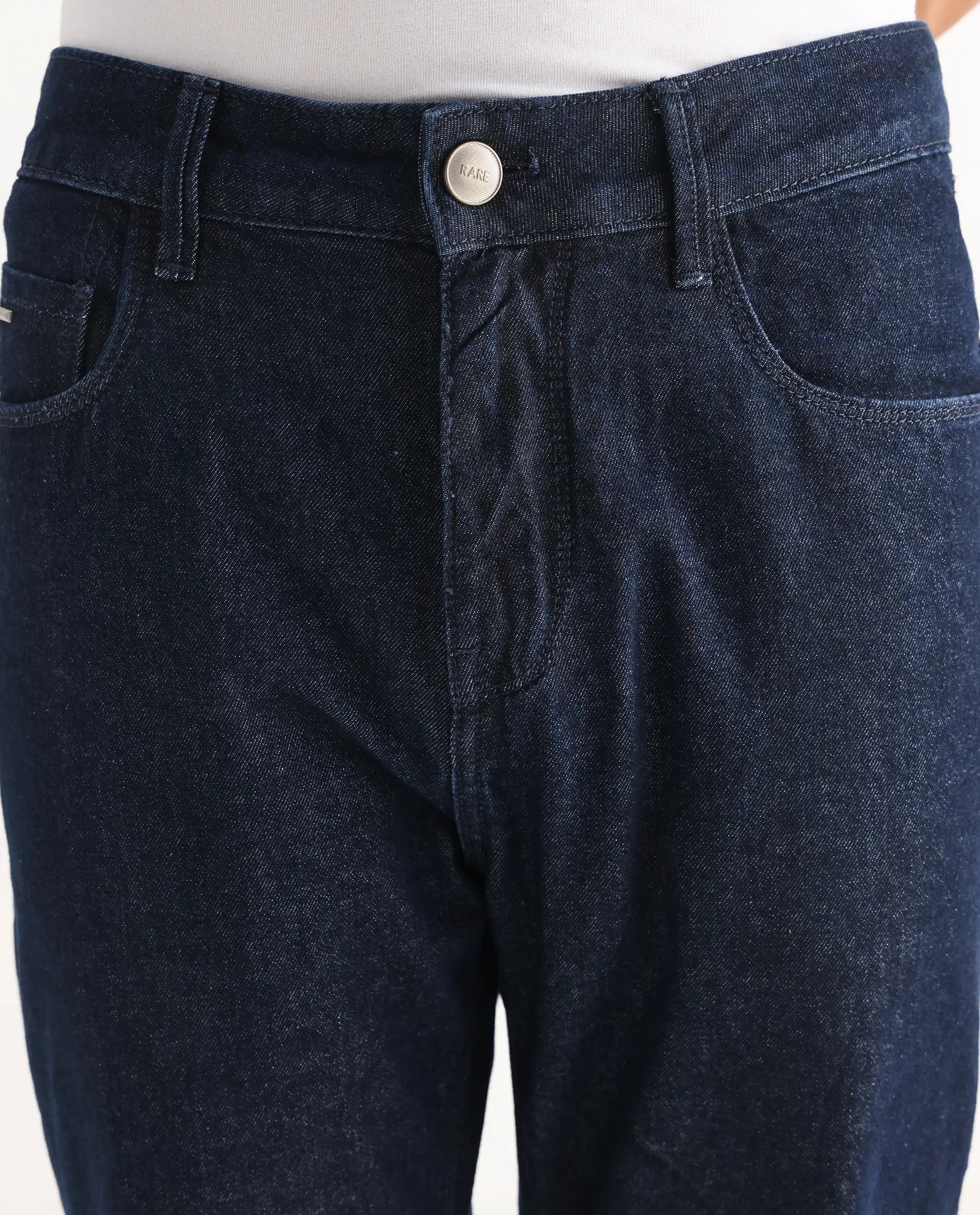 Rare Rabbit Men's Gleb Dark Blue Cotton Plain Kurt Carrot Fit Jeans