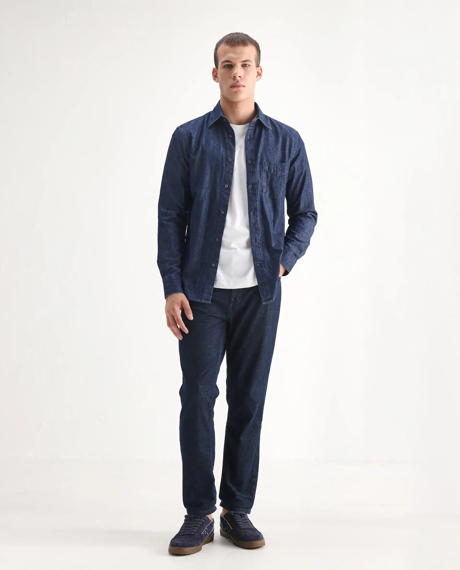 Rare Rabbit Men's Gleb Dark Blue Cotton Plain Kurt Carrot Fit Jeans