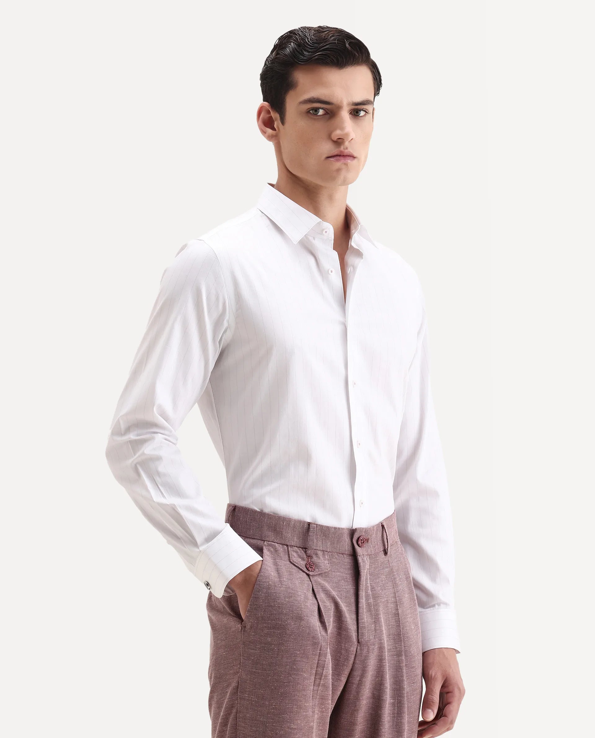 Rare Rabbit Men's Glin Purple Cotton Fabric Collared Neck Regular Fit Striped Shirt