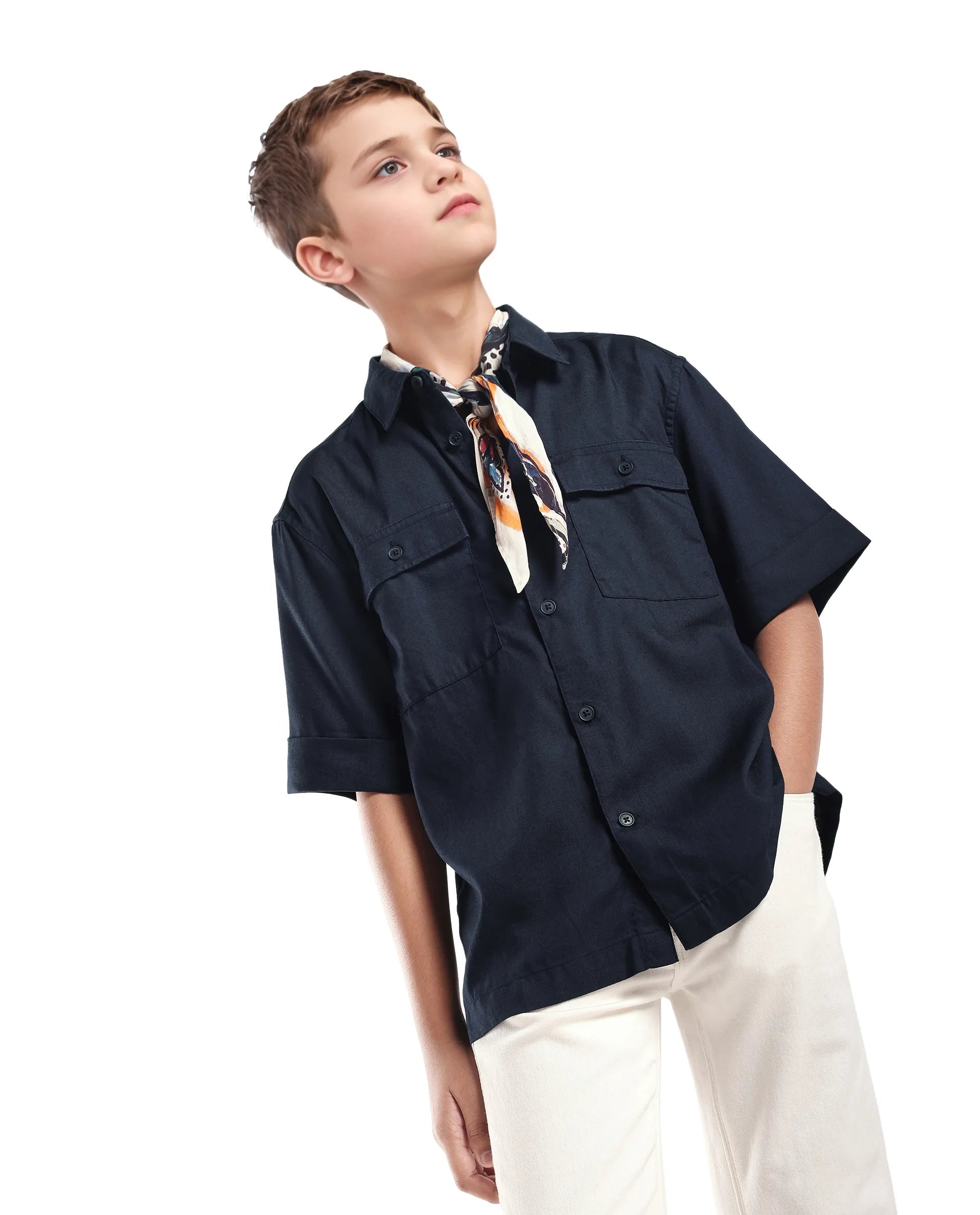 Rare Ones Kids Glin-S Navy Polyester Blend Solid Button Closure Boxy Fit Shirt