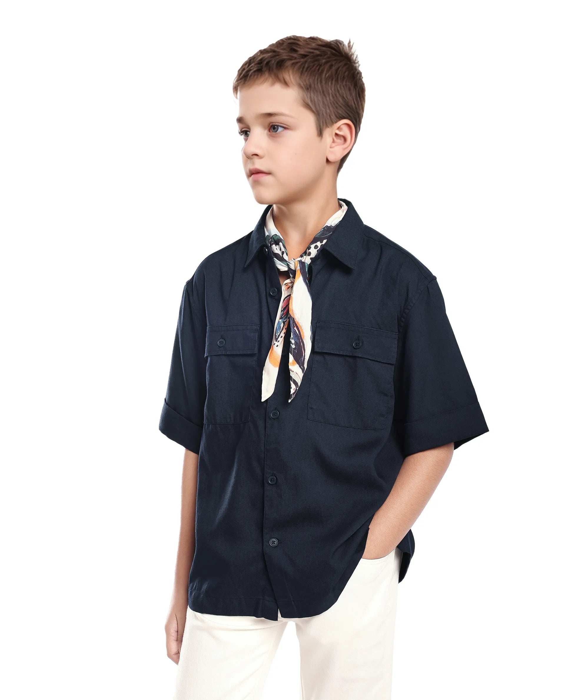 Rare Ones Kids Glin-S Navy Polyester Blend Solid Button Closure Boxy Fit Shirt