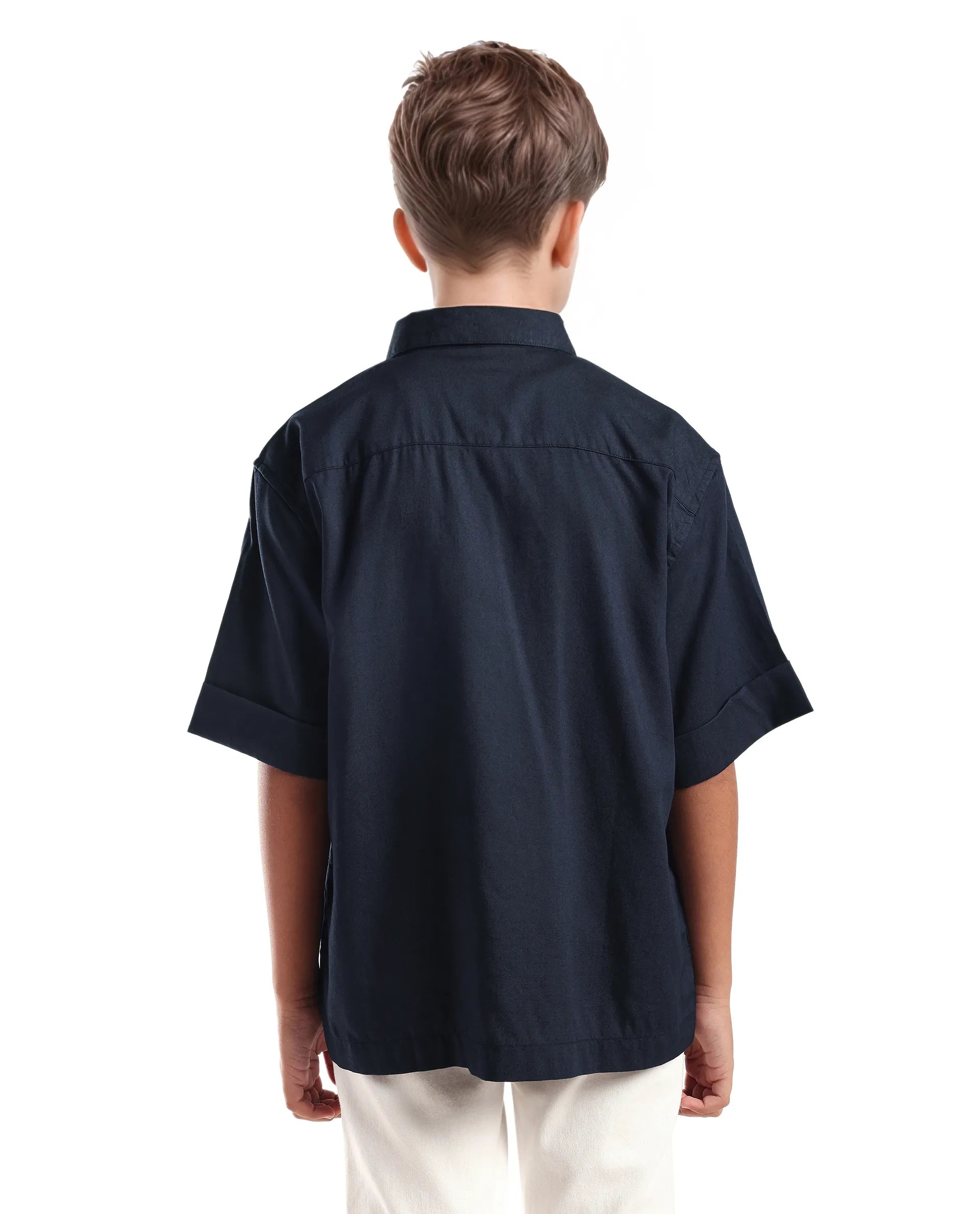 Rare Ones Kids Glin-S Navy Polyester Blend Solid Button Closure Boxy Fit Shirt