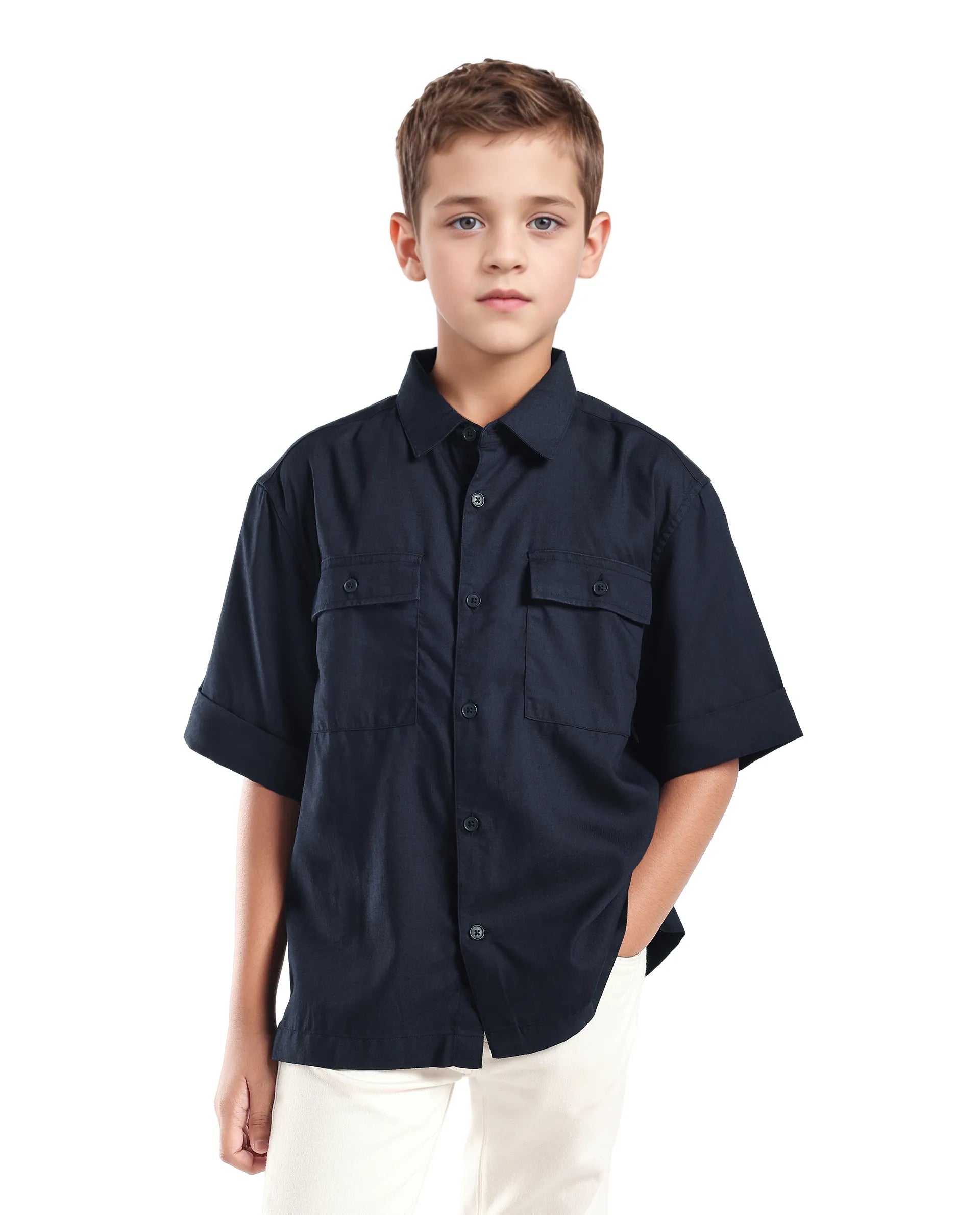 Rare Ones Kids Glin-S Navy Polyester Blend Solid Button Closure Boxy Fit Shirt