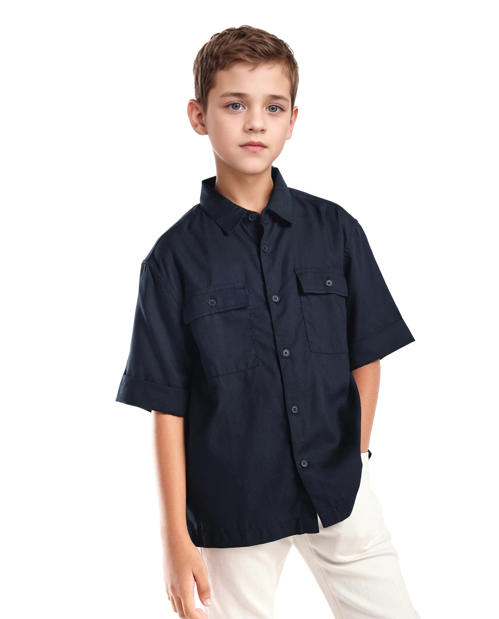 Rare Ones Kids Glin-S Navy Polyester Blend Solid Button Closure Boxy Fit Shirt