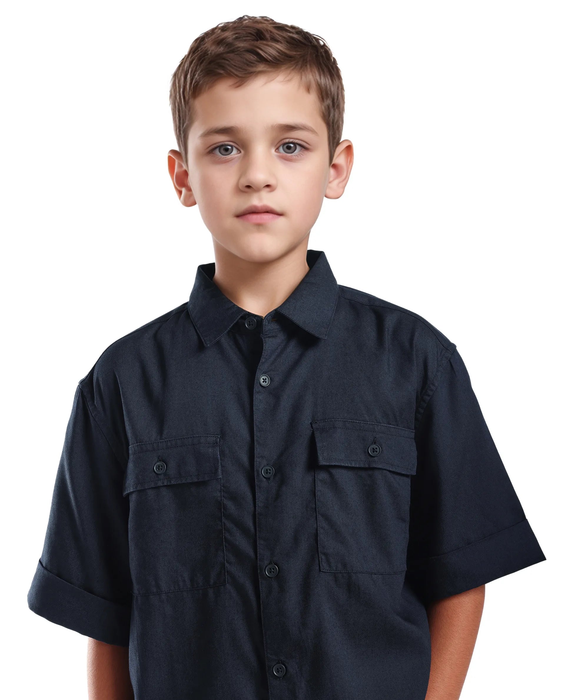 Rare Ones Kids Glin-S Navy Polyester Blend Solid Button Closure Boxy Fit Shirt