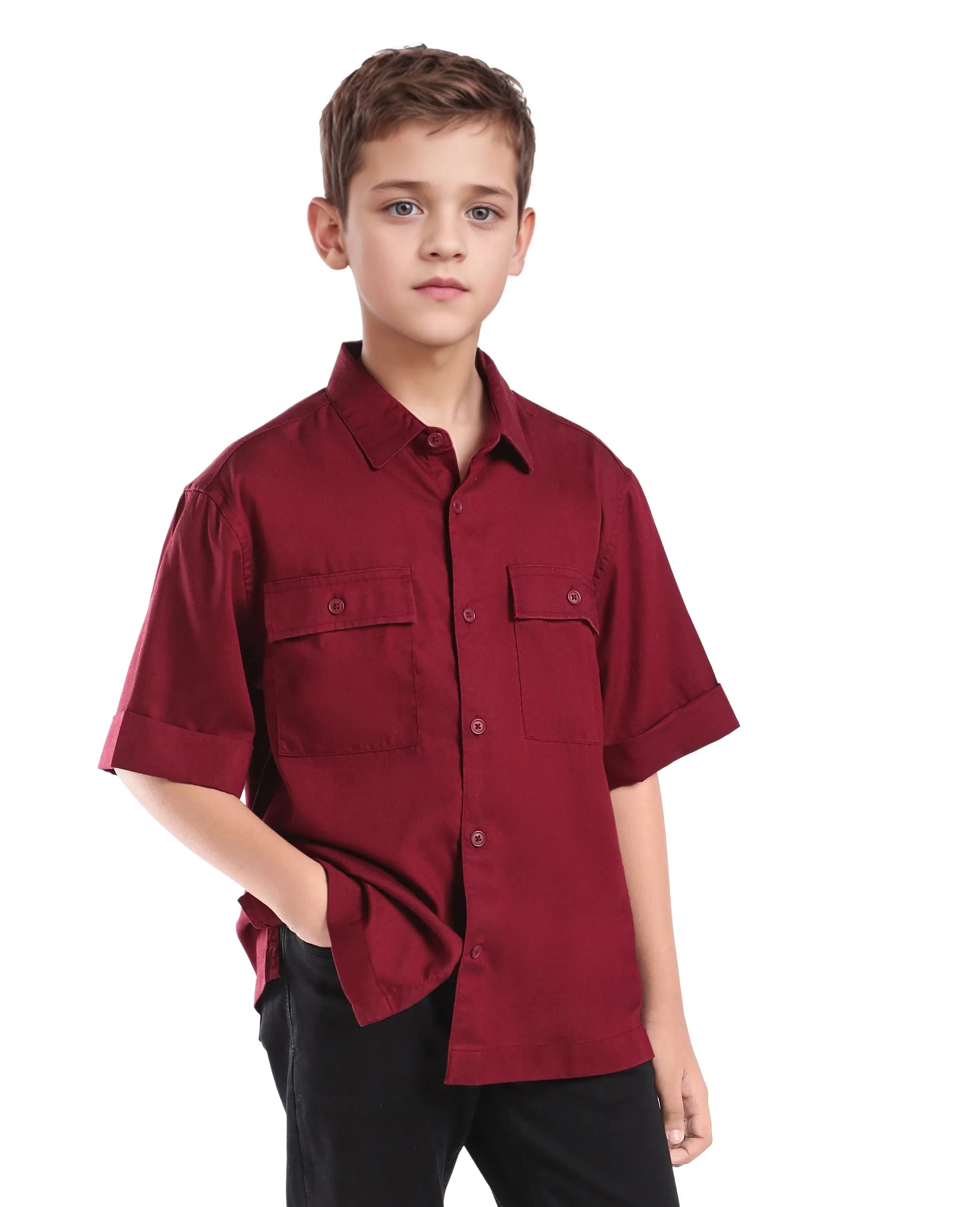 Rare Ones Kids Glin-S Red Polyester Blend Solid Button Closure Boxy Fit Shirt