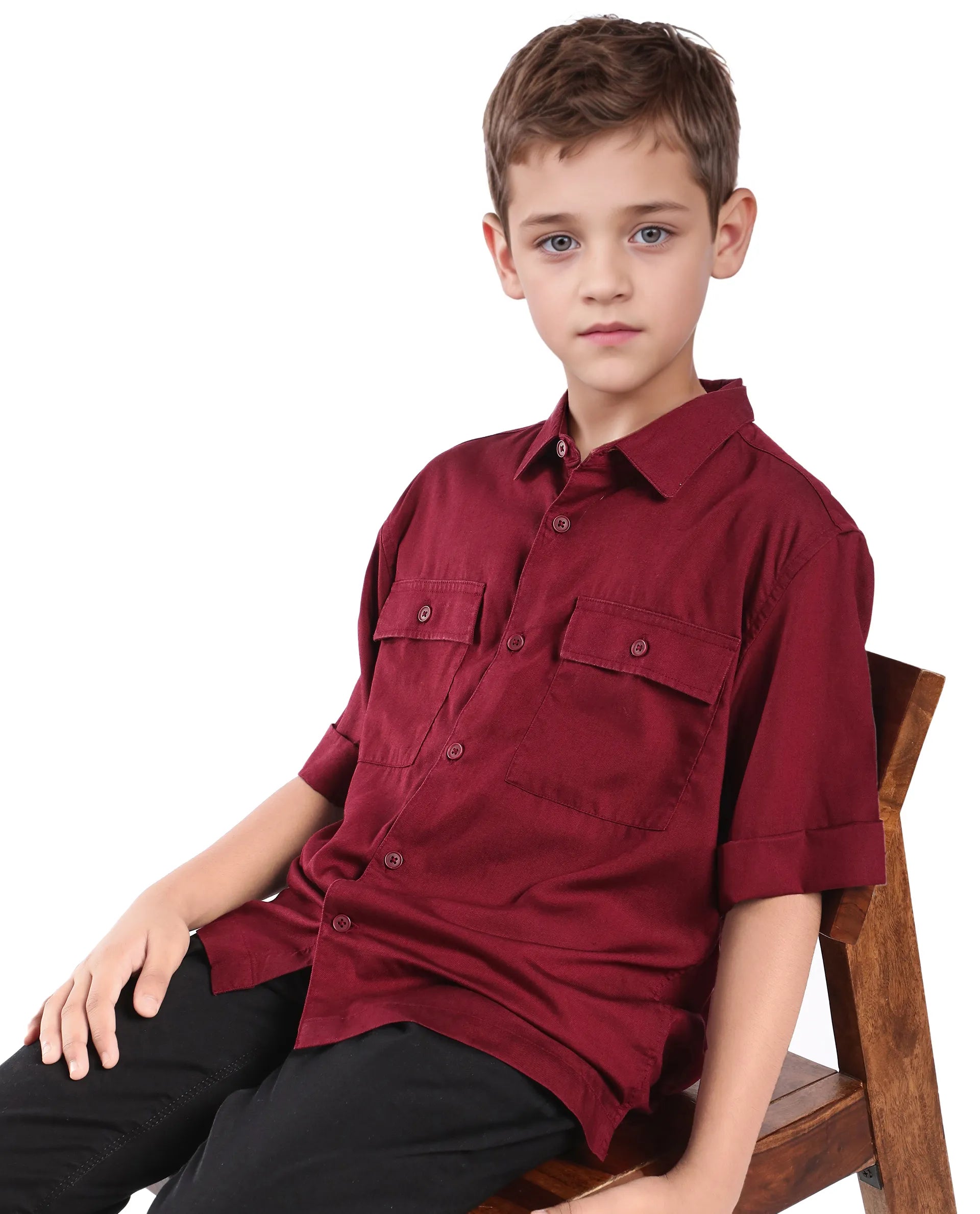 Rare Ones Kids Glin-S Red Polyester Blend Solid Button Closure Boxy Fit Shirt