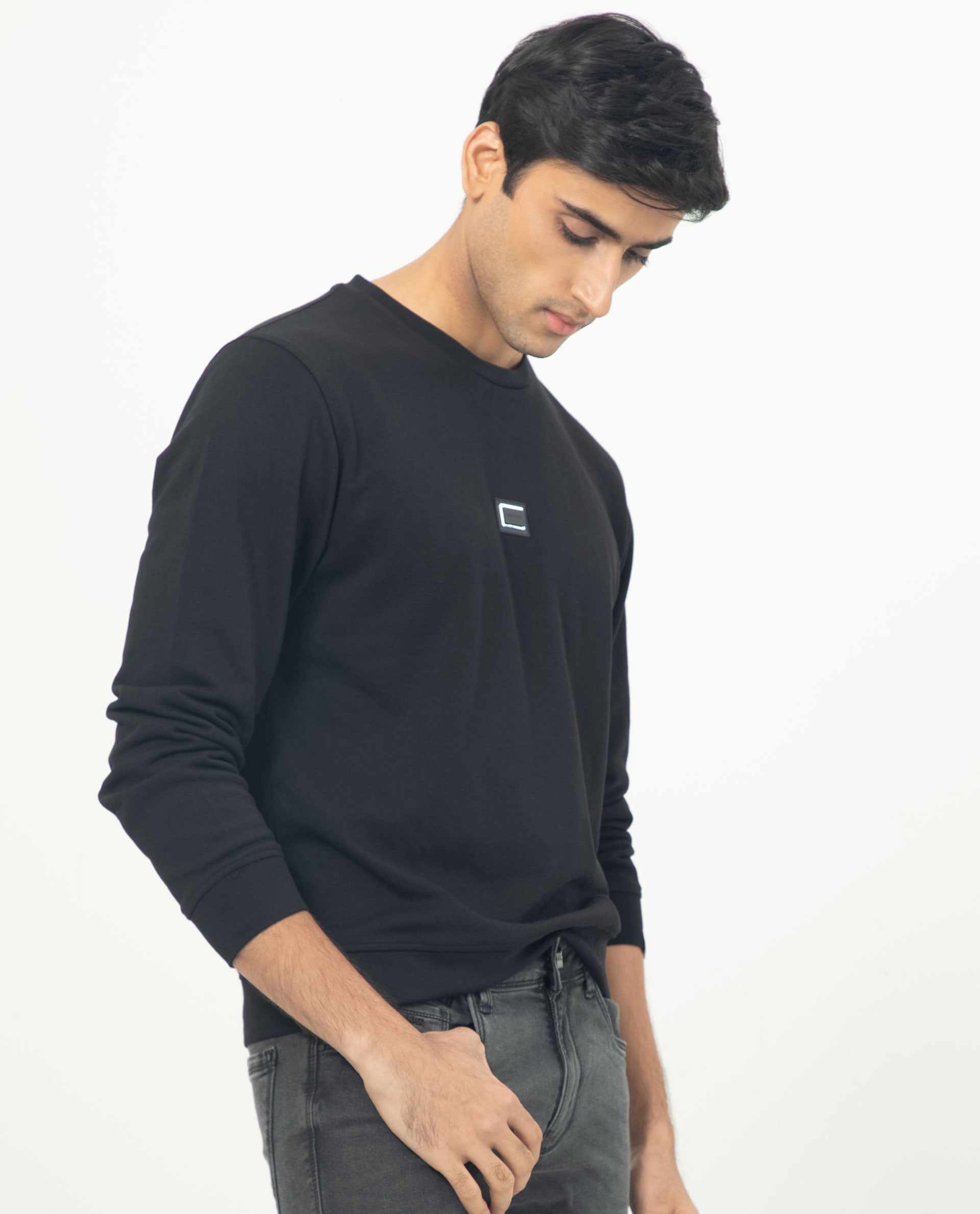 Rare Rabbit Men's Glitch Black Cotton Polyester Fabric Full Sleeves Solid Knitted Sweatshirt