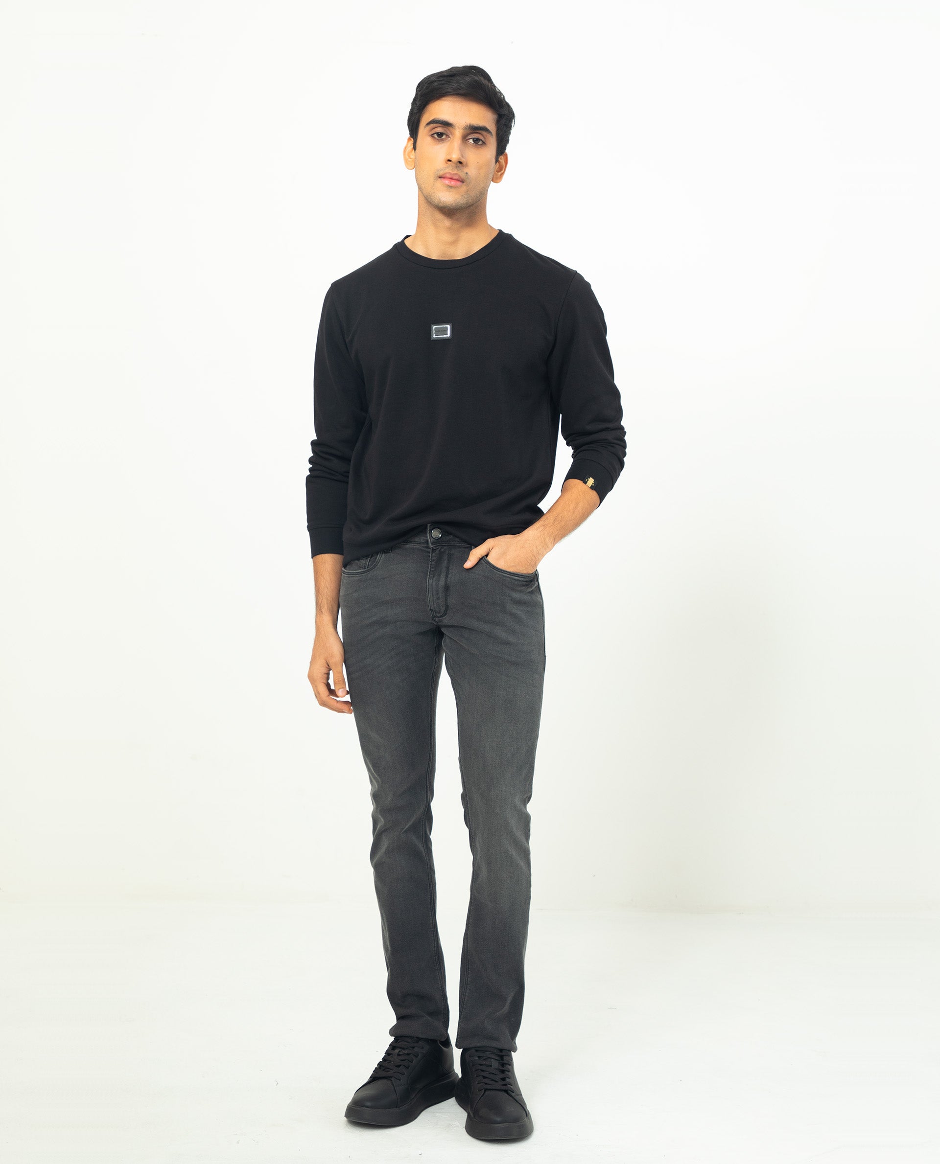 Rare Rabbit Men's Glitch Black Cotton Polyester Fabric Full Sleeves Solid Knitted Sweatshirt