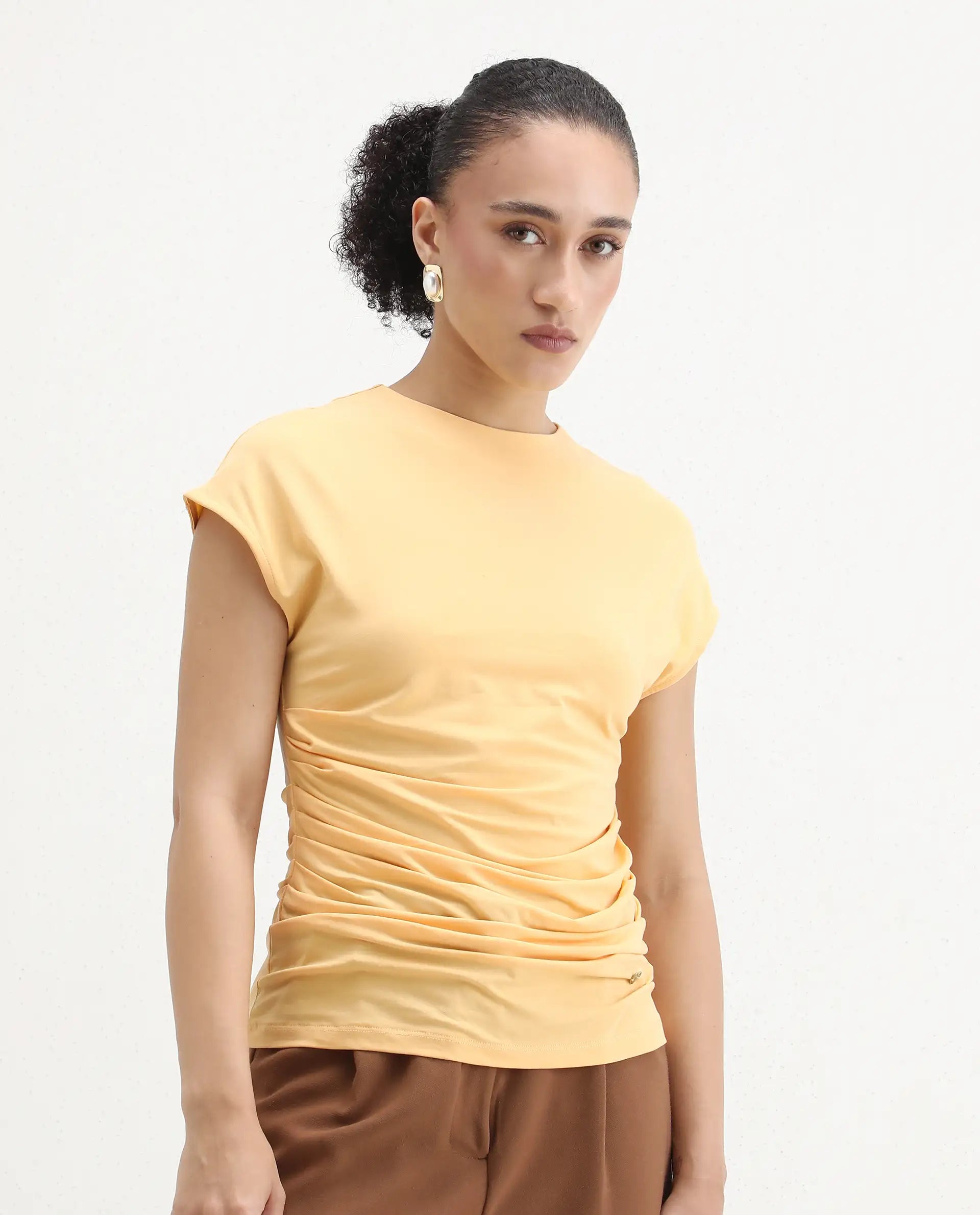 Rareism Women's Granden Light Yellow Cotton Crew Neck Plain Extended Sleeves Regular Fit Top