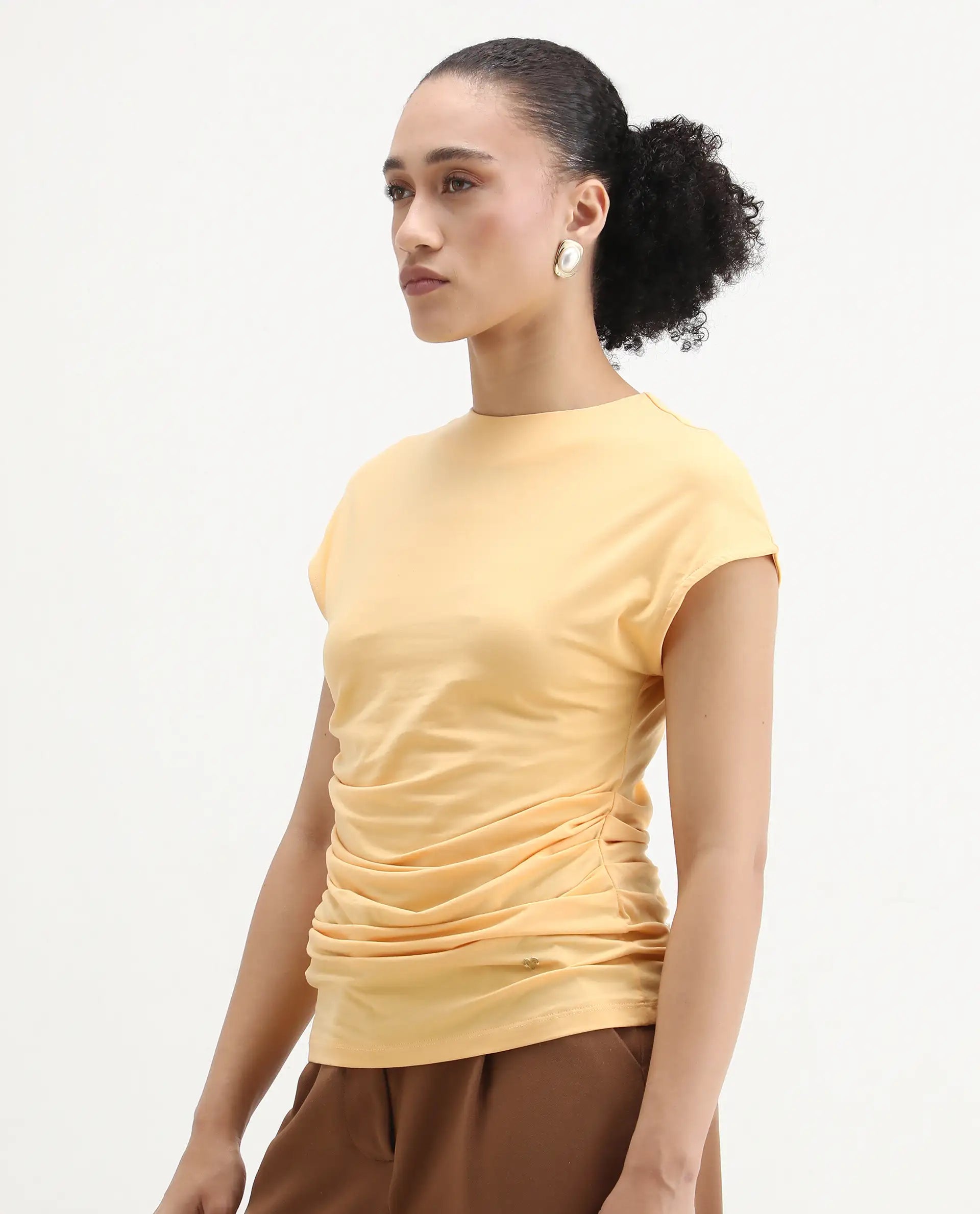 Rareism Women's Granden Light Yellow Cotton Crew Neck Plain Extended Sleeves Regular Fit Top