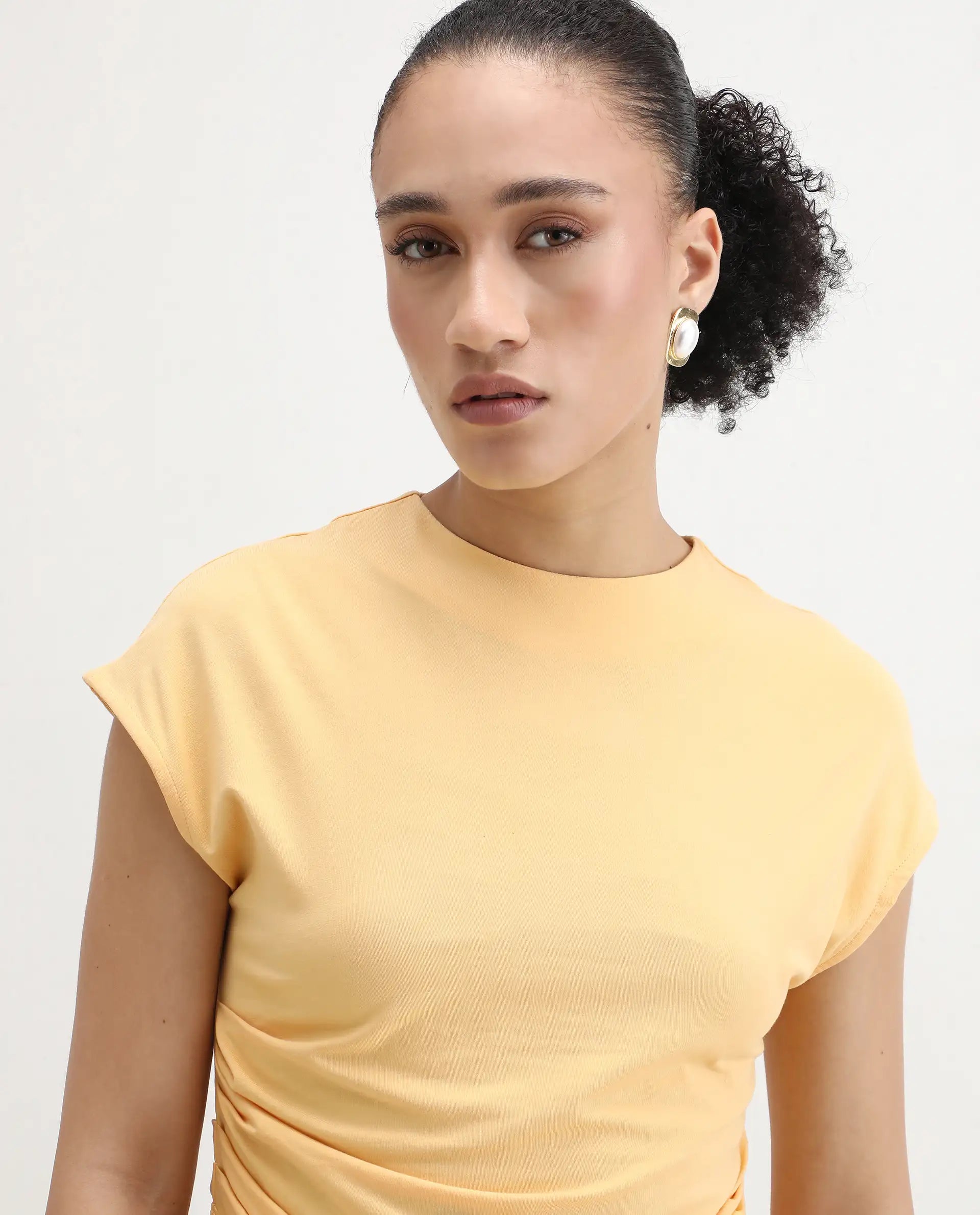 Rareism Women's Granden Light Yellow Cotton Crew Neck Plain Extended Sleeves Regular Fit Top