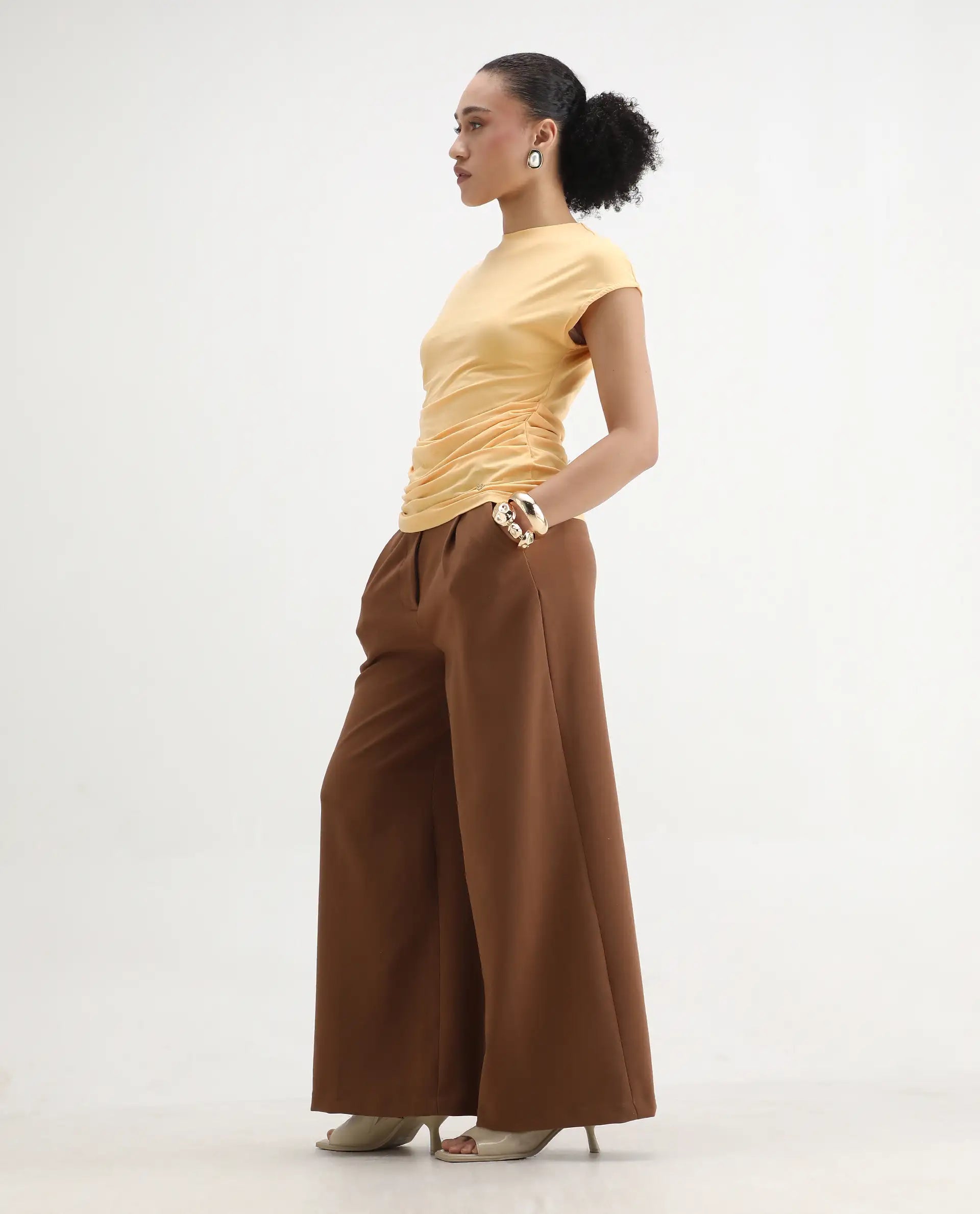 Rareism Women's Granden Light Yellow Cotton Crew Neck Plain Extended Sleeves Regular Fit Top