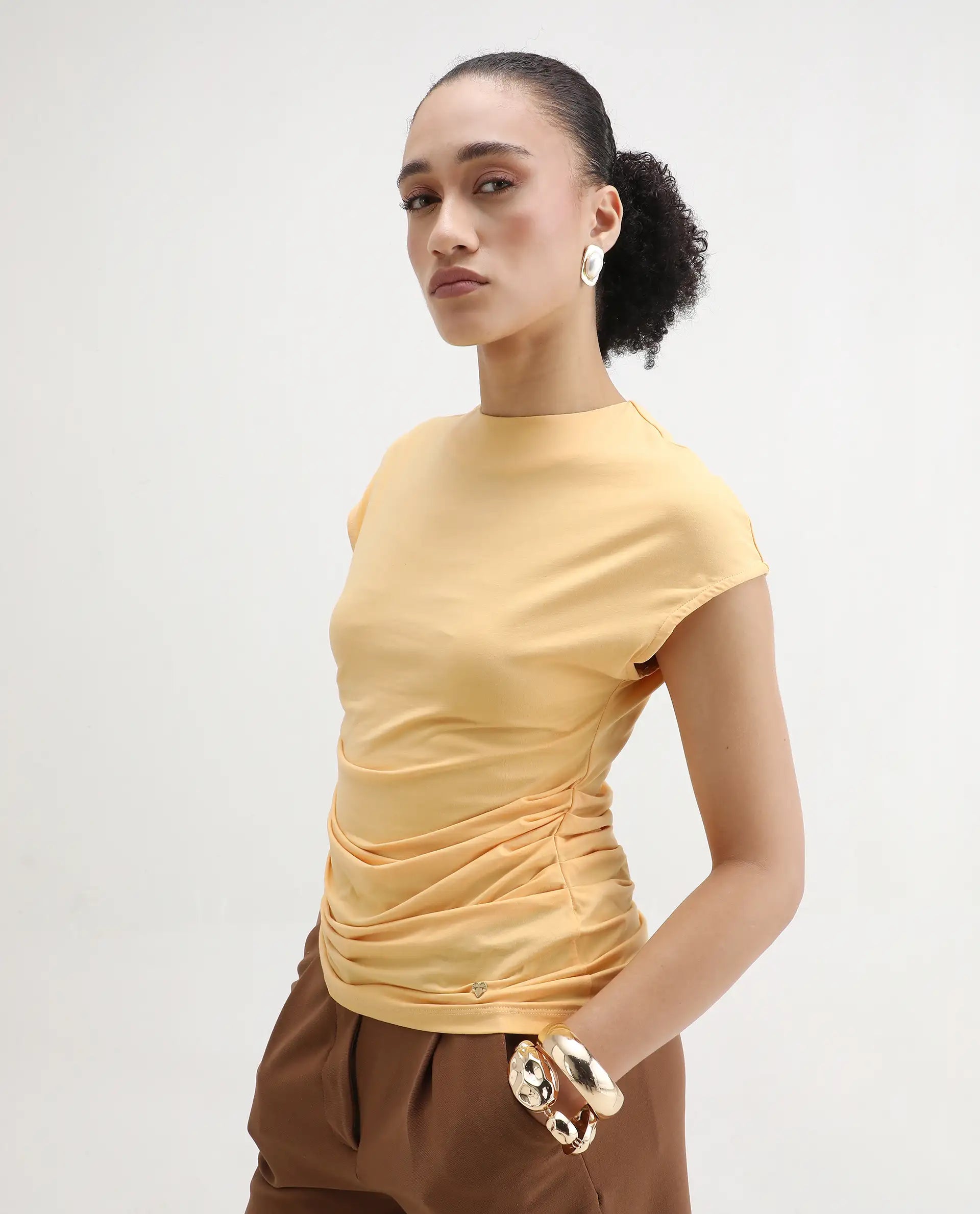 Rareism Women's Granden Light Yellow Cotton Crew Neck Plain Extended Sleeves Regular Fit Top