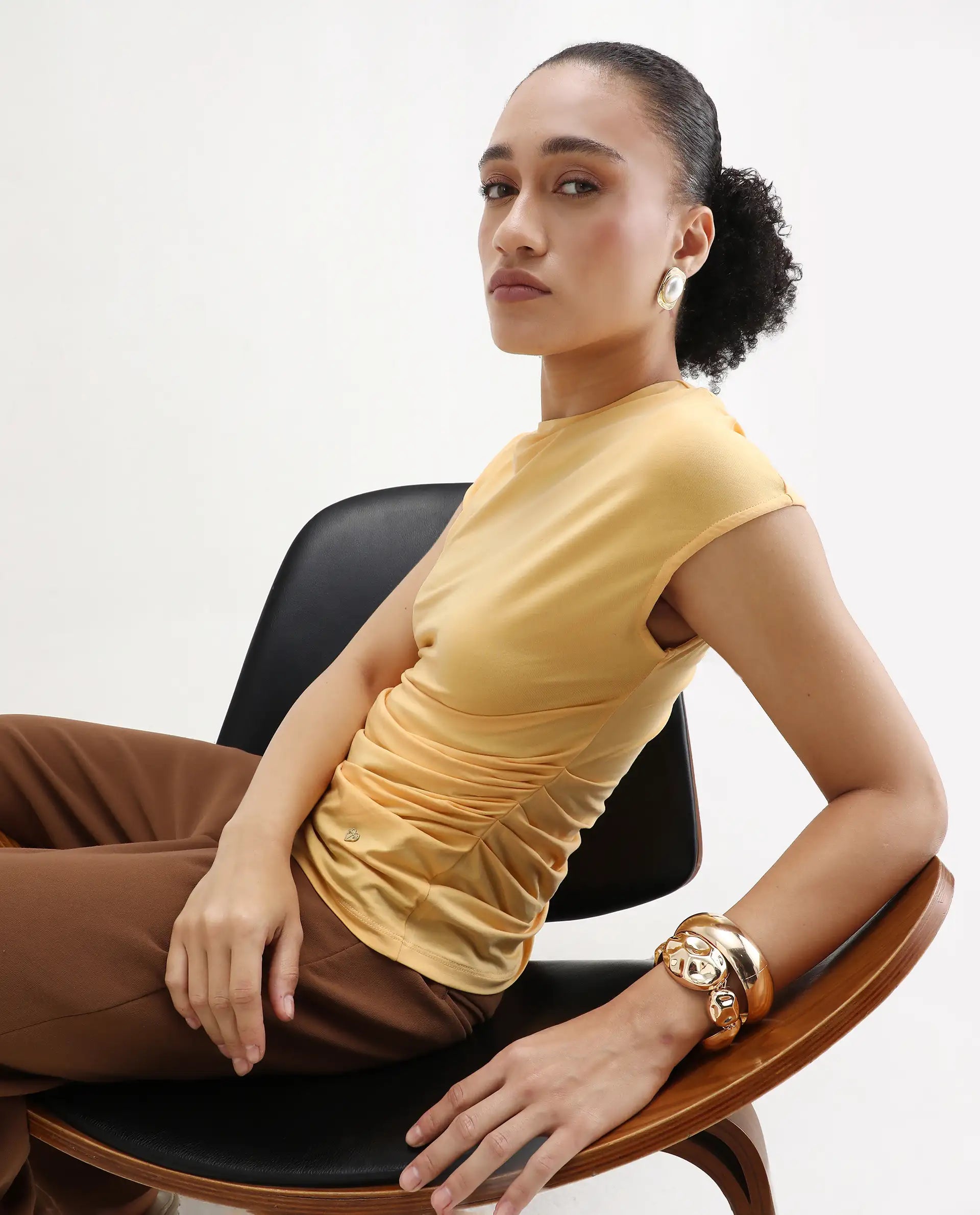 Rareism Women's Granden Light Yellow Cotton Crew Neck Plain Extended Sleeves Regular Fit Top