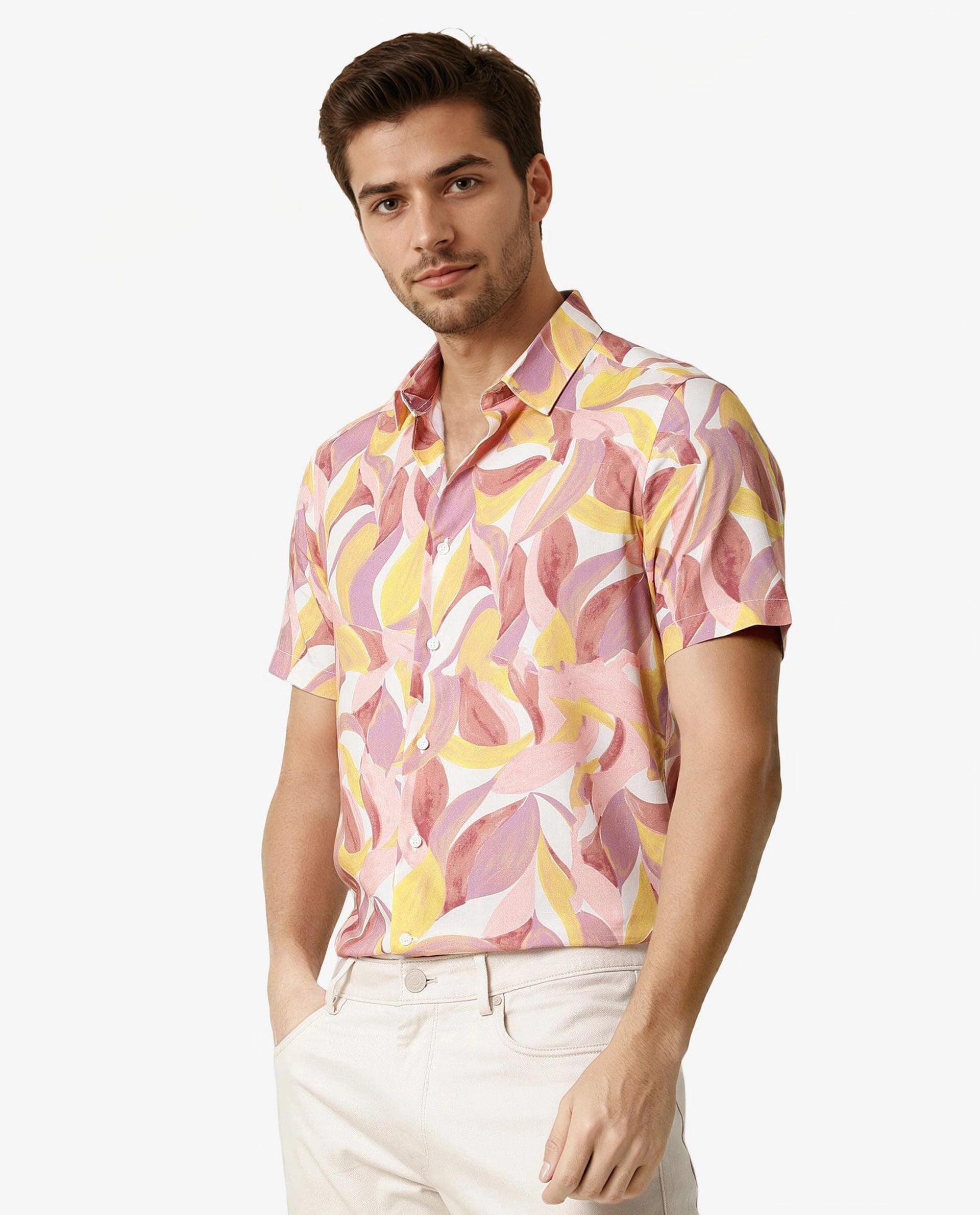 Rare Rabbit Men's Grafe Beige Viscose Fabric Half Sleeves Regular Fit Tropical Print Shirt