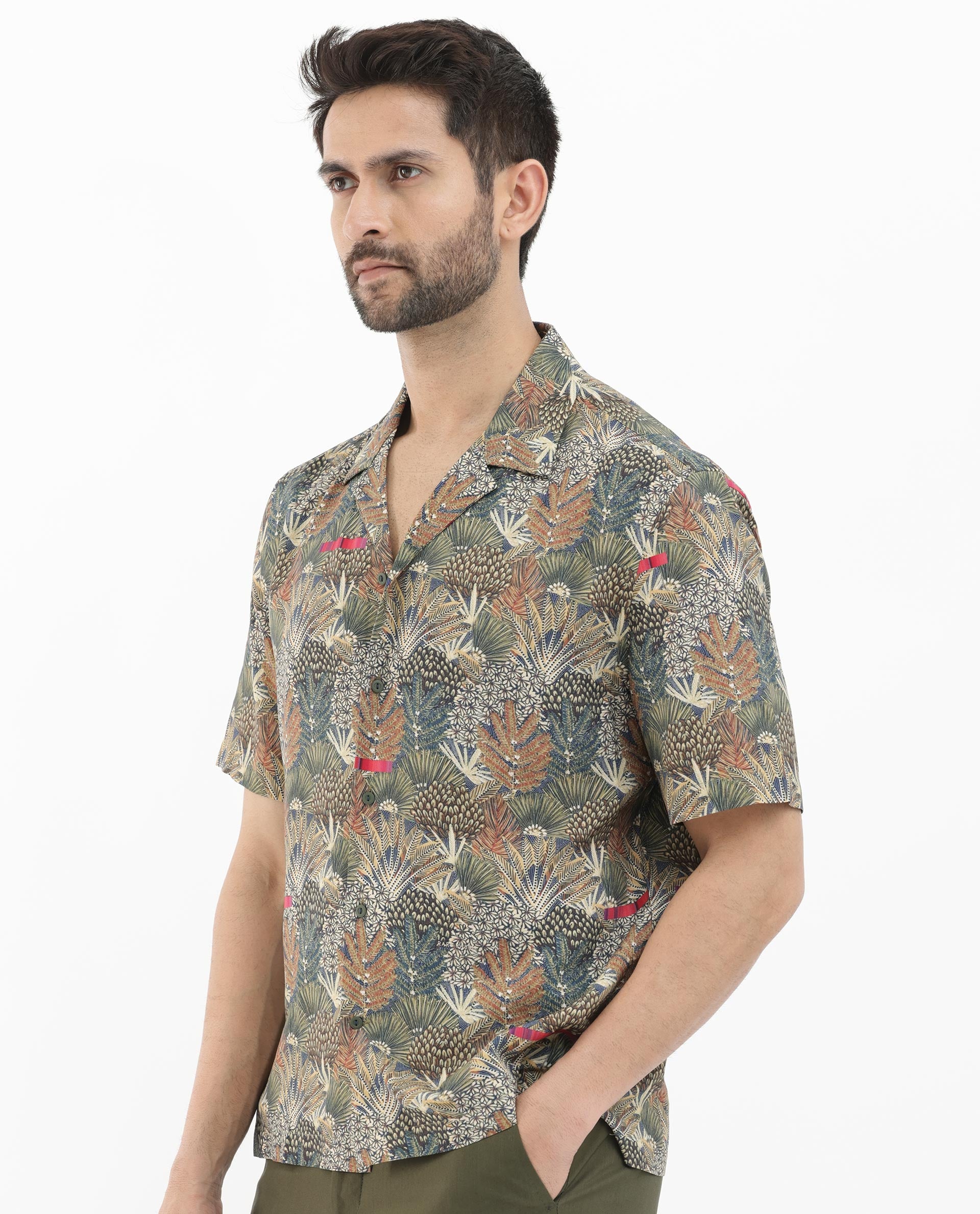 Rare Rabbit Mens Grake Light Olive Short Sleeve Cuban Collar Boxy Fit Tropical Print Shirt