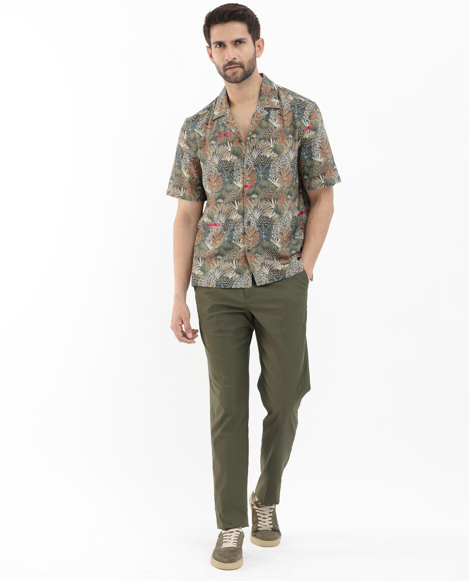 Rare Rabbit Mens Grake Light Olive Short Sleeve Cuban Collar Boxy Fit Tropical Print Shirt