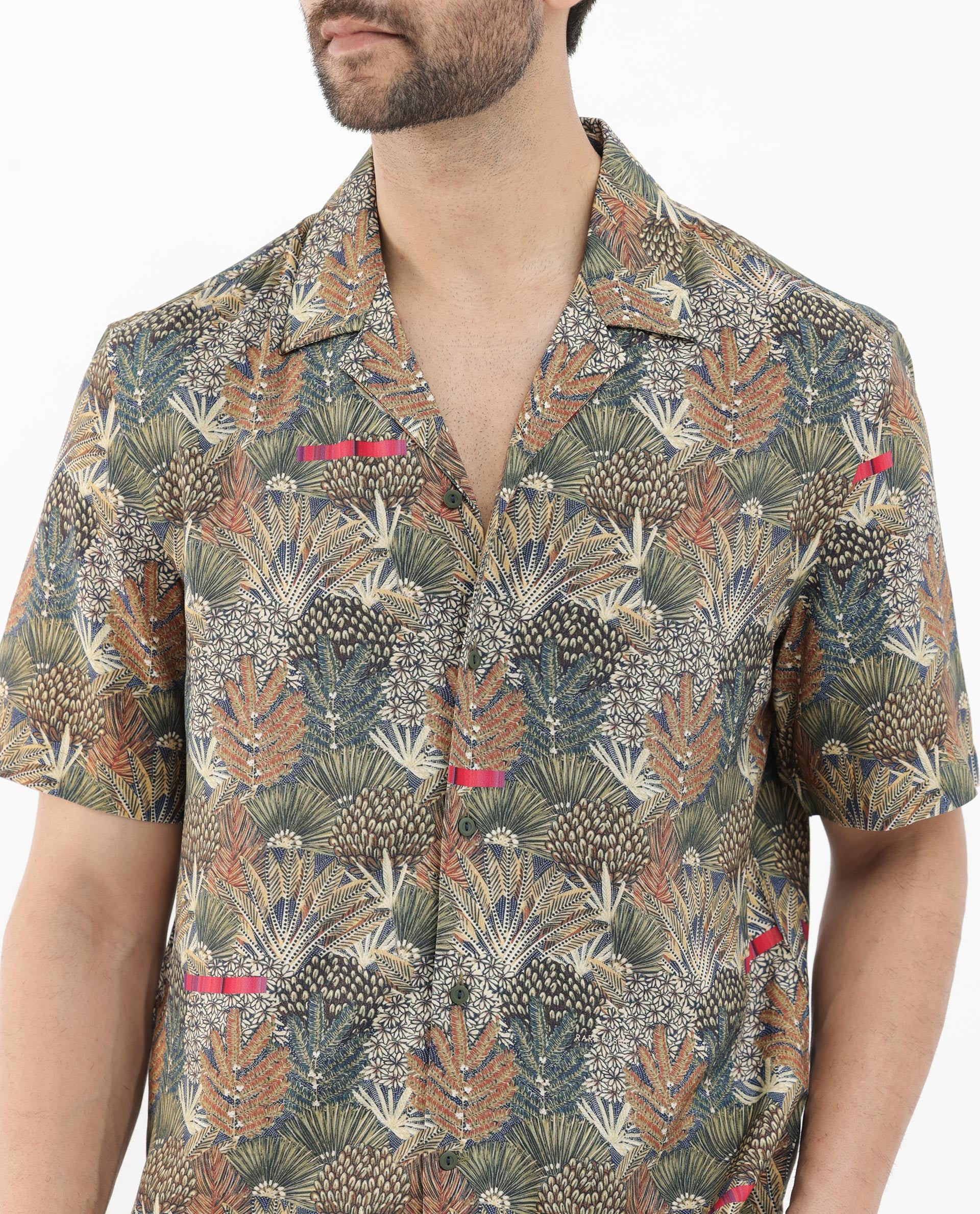 Rare Rabbit Mens Grake Light Olive Short Sleeve Cuban Collar Boxy Fit Tropical Print Shirt