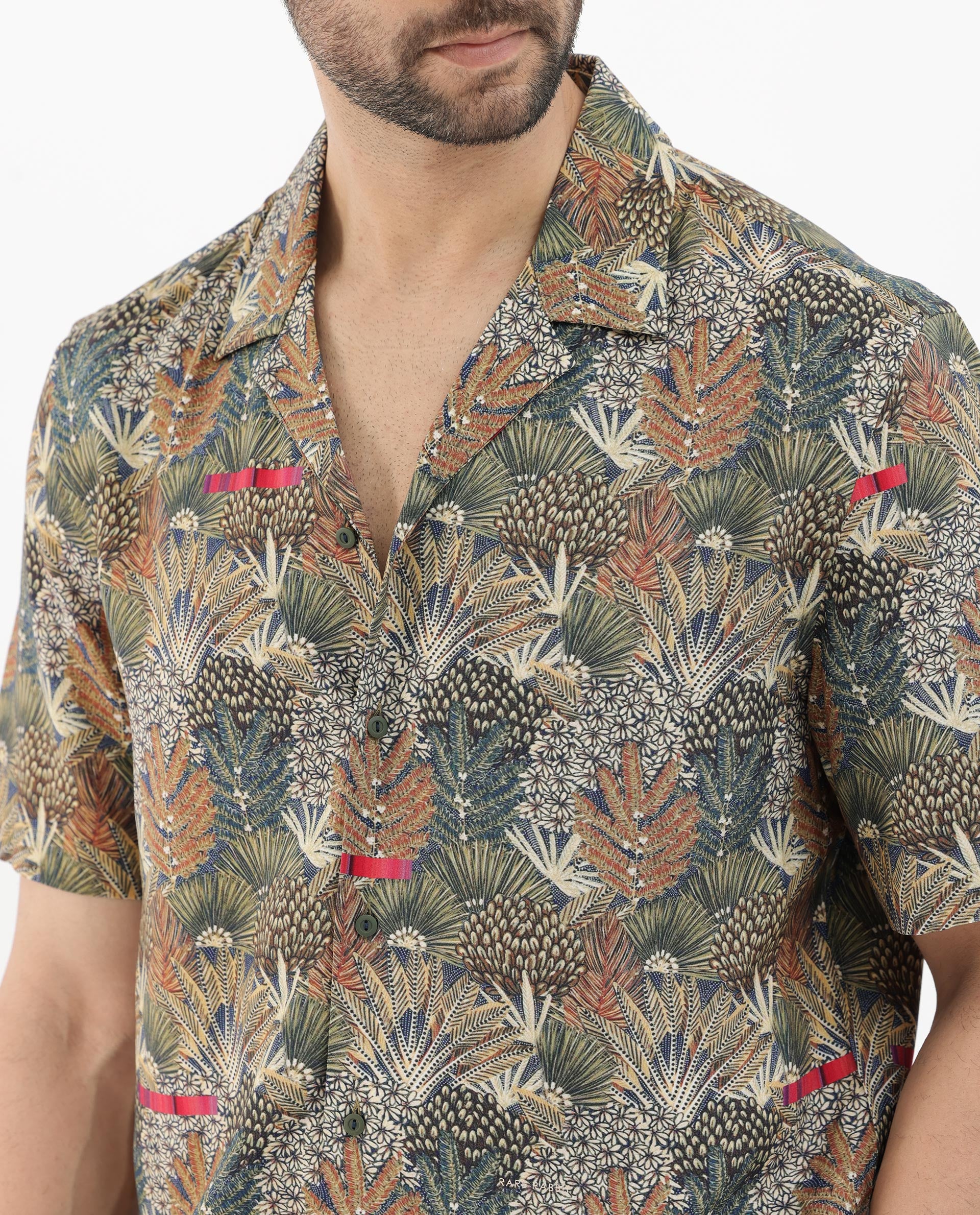 Rare Rabbit Mens Grake Light Olive Short Sleeve Cuban Collar Boxy Fit Tropical Print Shirt