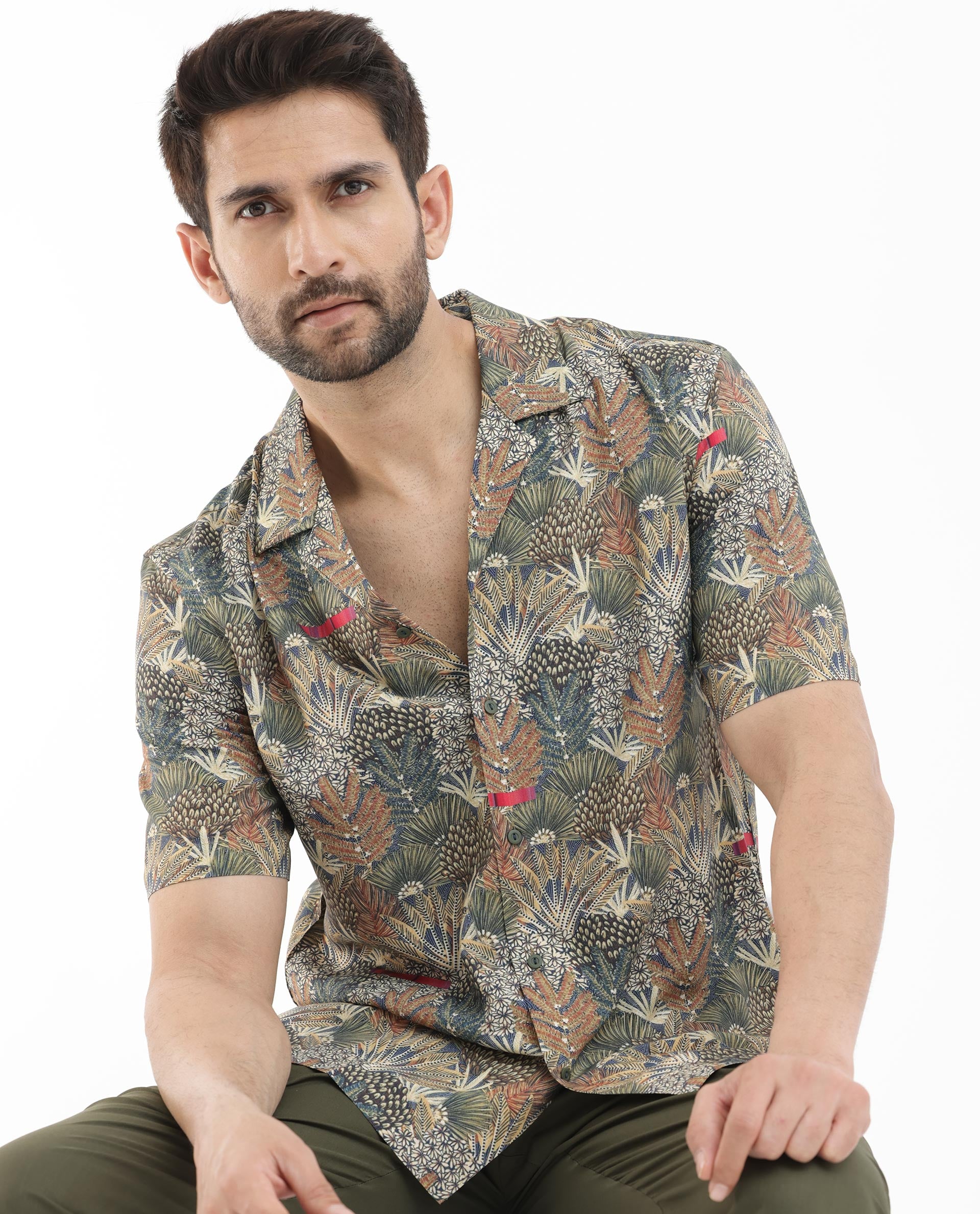 Rare Rabbit Mens Grake Light Olive Short Sleeve Cuban Collar Boxy Fit Tropical Print Shirt