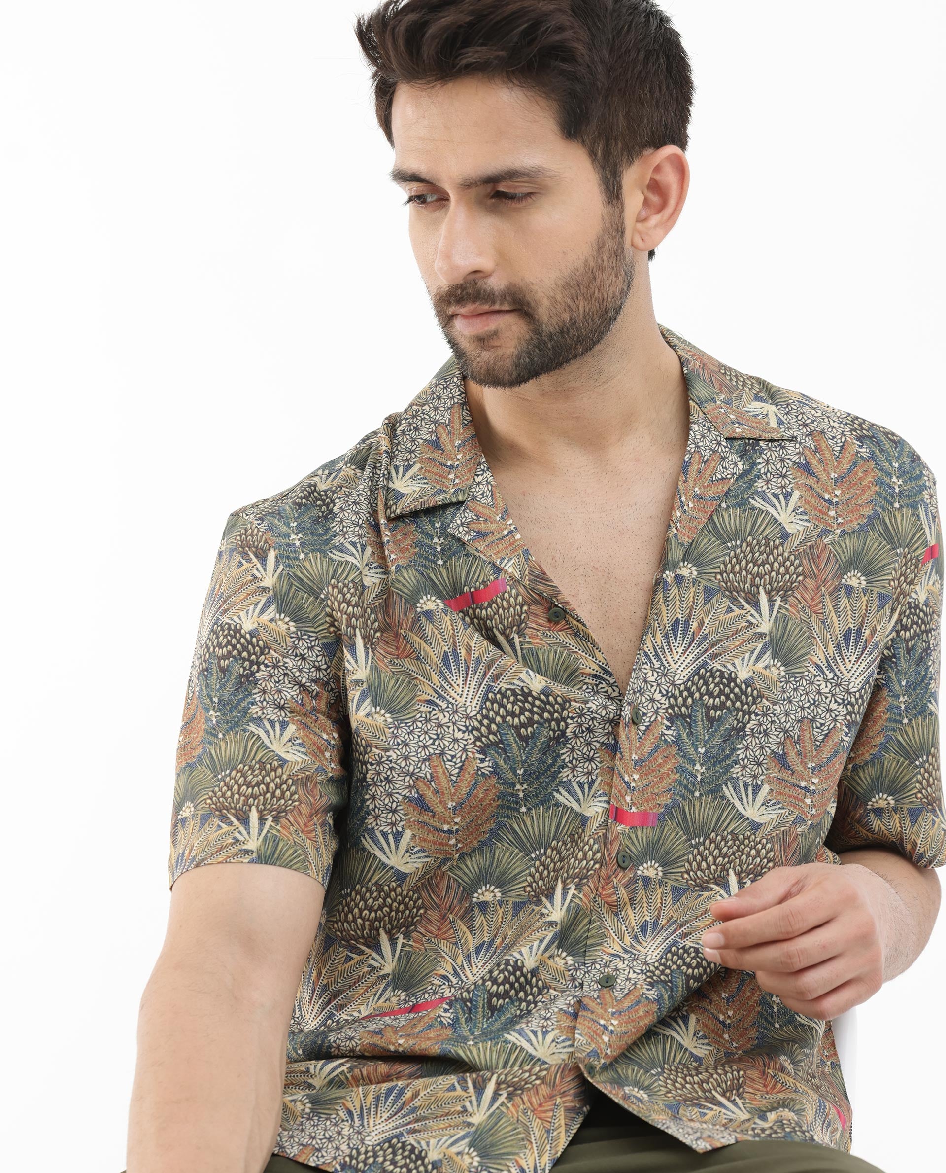 Rare Rabbit Mens Grake Light Olive Short Sleeve Cuban Collar Boxy Fit Tropical Print Shirt