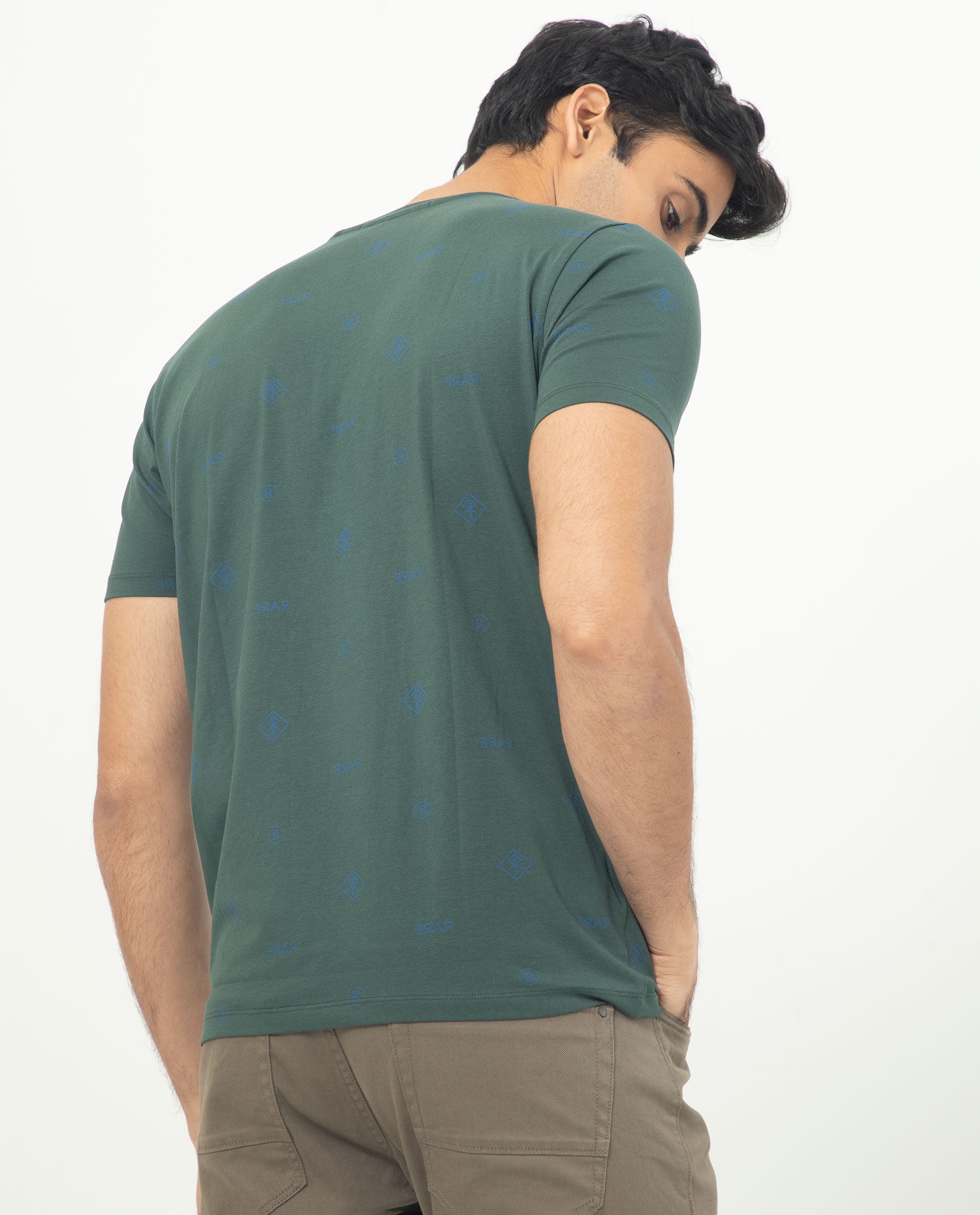 Rare Rabbit Men's Grammy Dark Green Crew Neck Half Sleeves Regular Fit Monogram Print T-Shirt