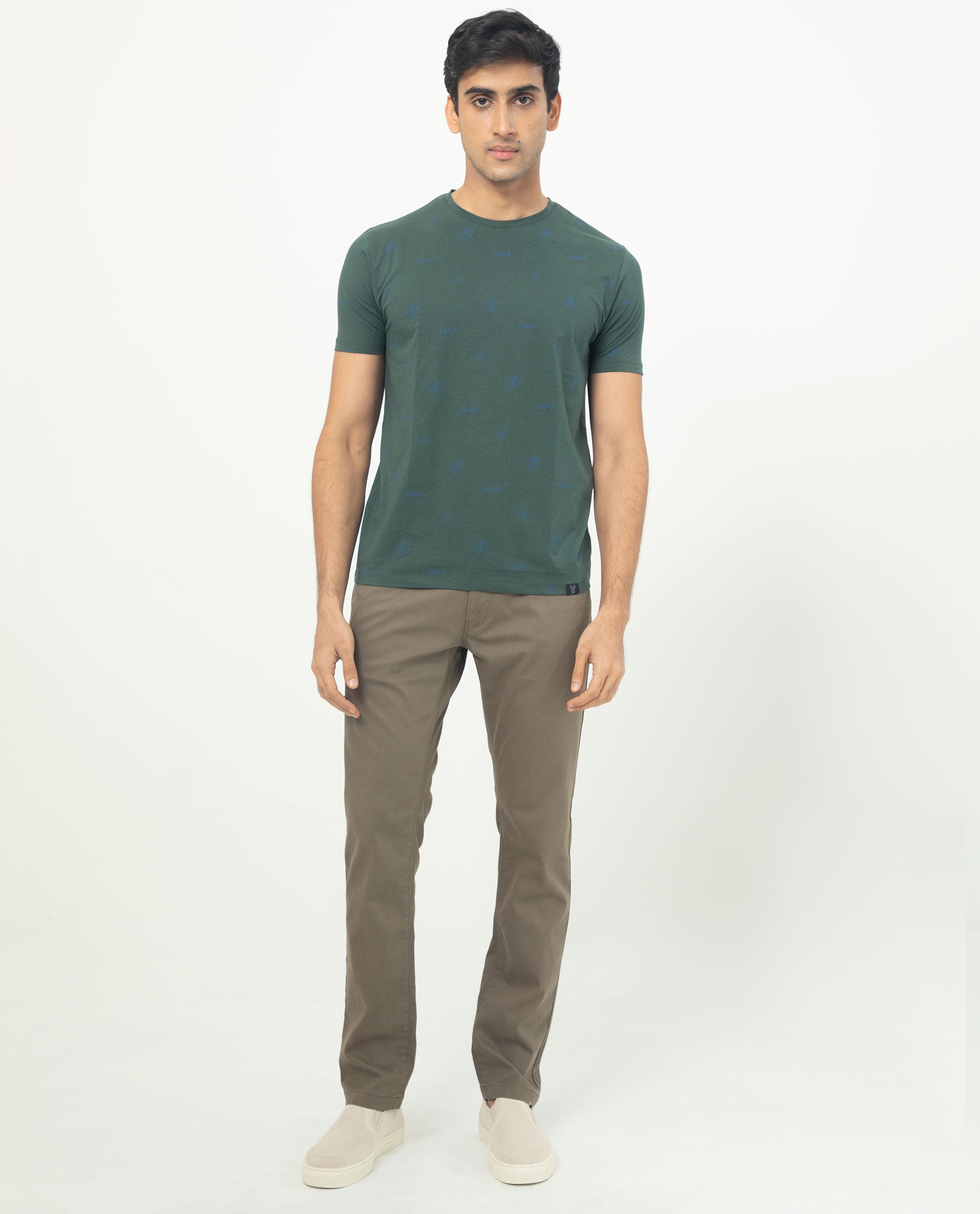 Rare Rabbit Men's Grammy Dark Green Crew Neck Half Sleeves Regular Fit Monogram Print T-Shirt