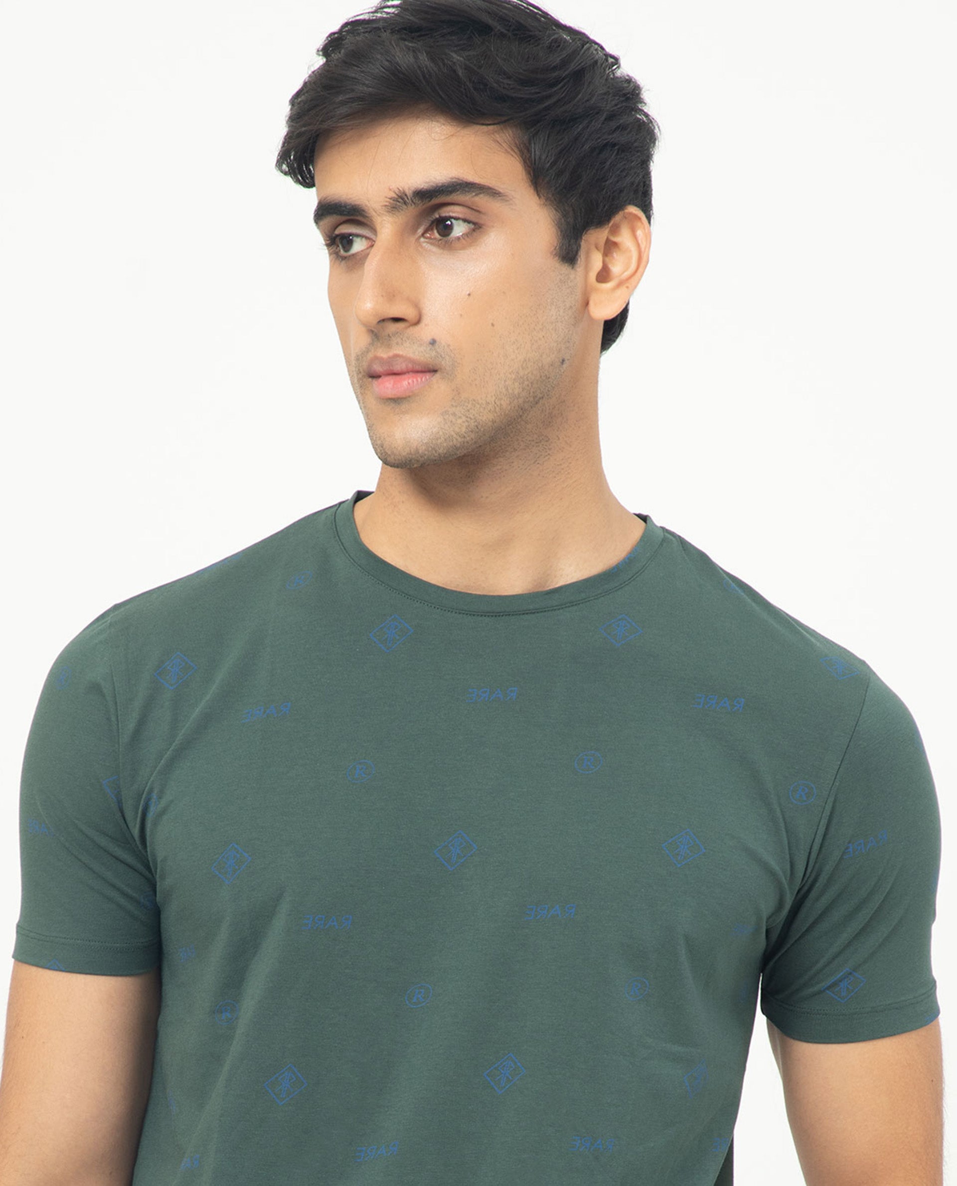 Rare Rabbit Men's Grammy Dark Green Crew Neck Half Sleeves Regular Fit Monogram Print T-Shirt