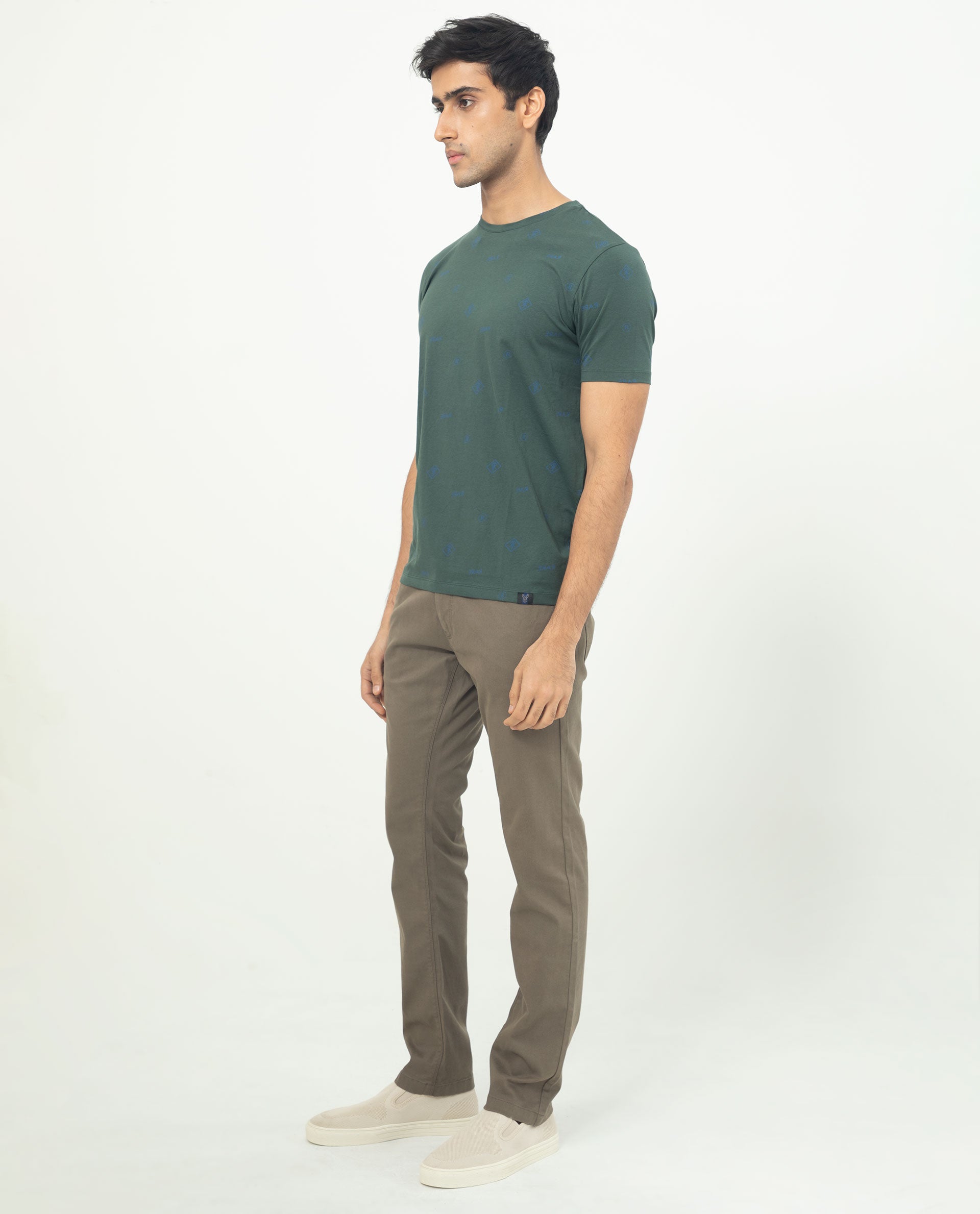 Rare Rabbit Men's Grammy Dark Green Crew Neck Half Sleeves Regular Fit Monogram Print T-Shirt