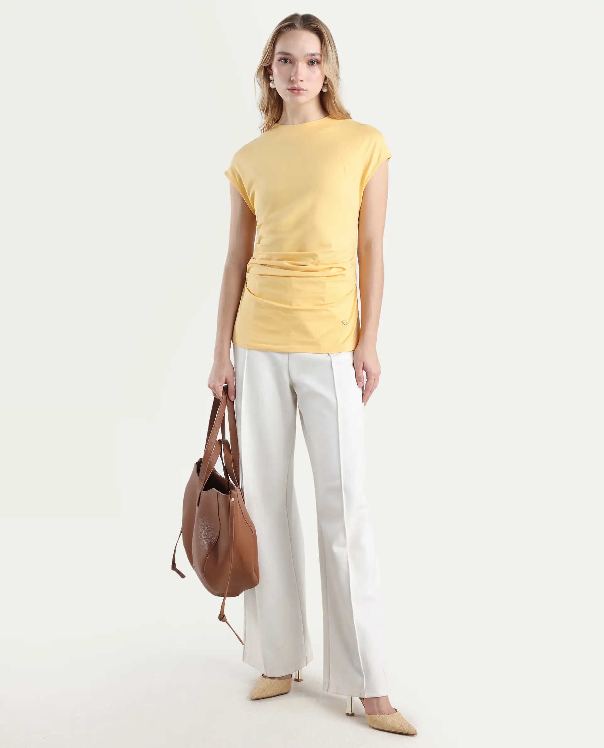Rareism Women's Granden Light Yellow Cotton Crew Neck Plain Extended Sleeves Regular Fit Top