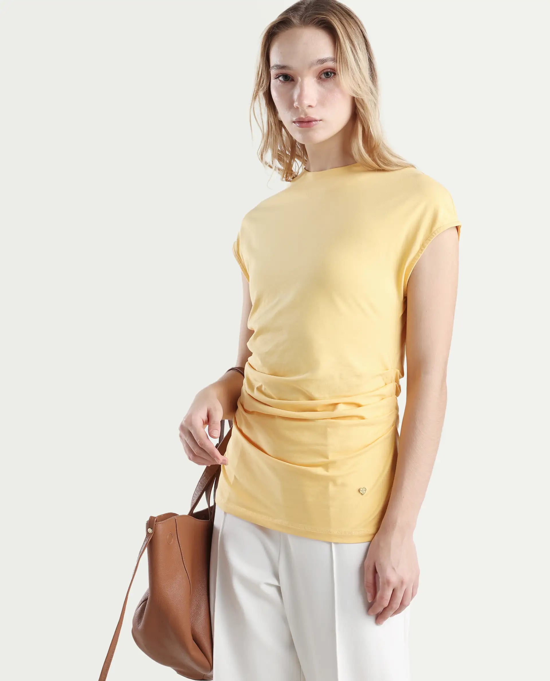 Rareism Women's Granden Light Yellow Cotton Crew Neck Plain Extended Sleeves Regular Fit Top
