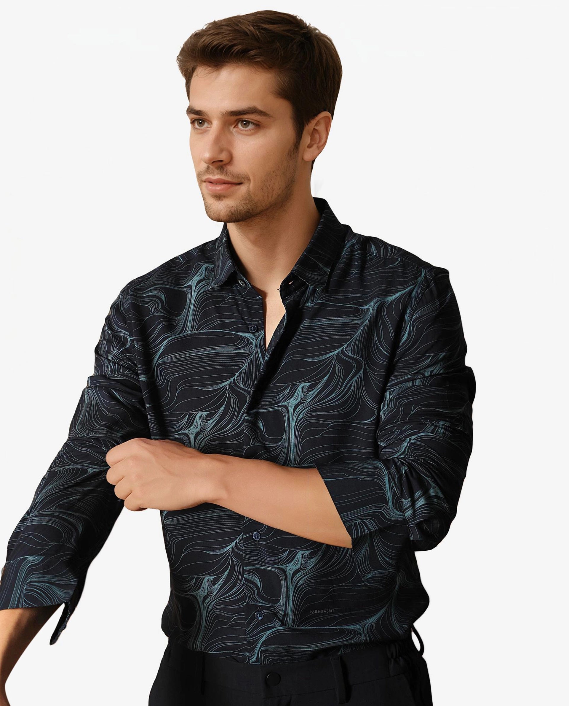 Rare Rabbit Men's Gravel Navy Viscose Fabric Abstract Print Full Sleeves Shirt