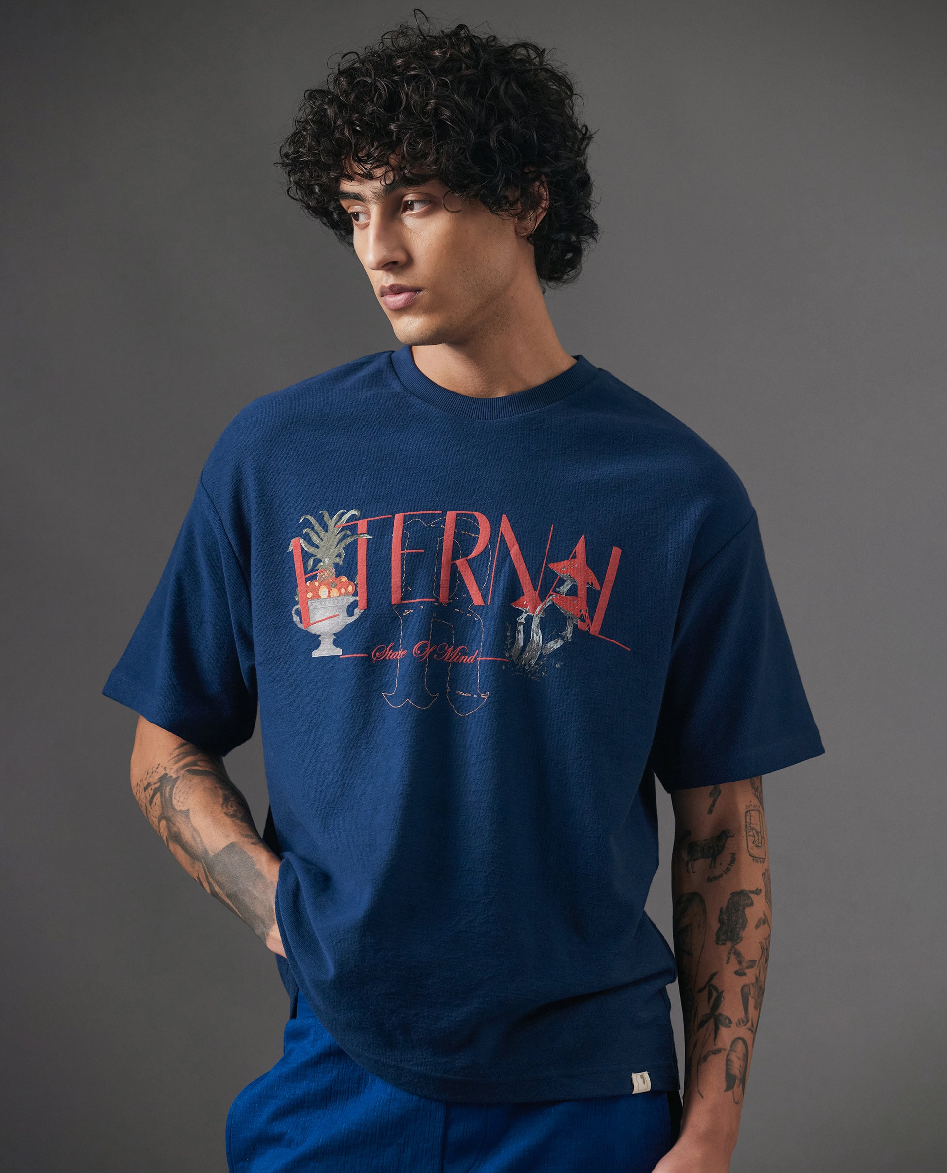 Rare Rabbit Men Graw Navy Cotton Fabric Short Sleeve Crew Neck Oversized Fit HD Graphic Print T-Shirt