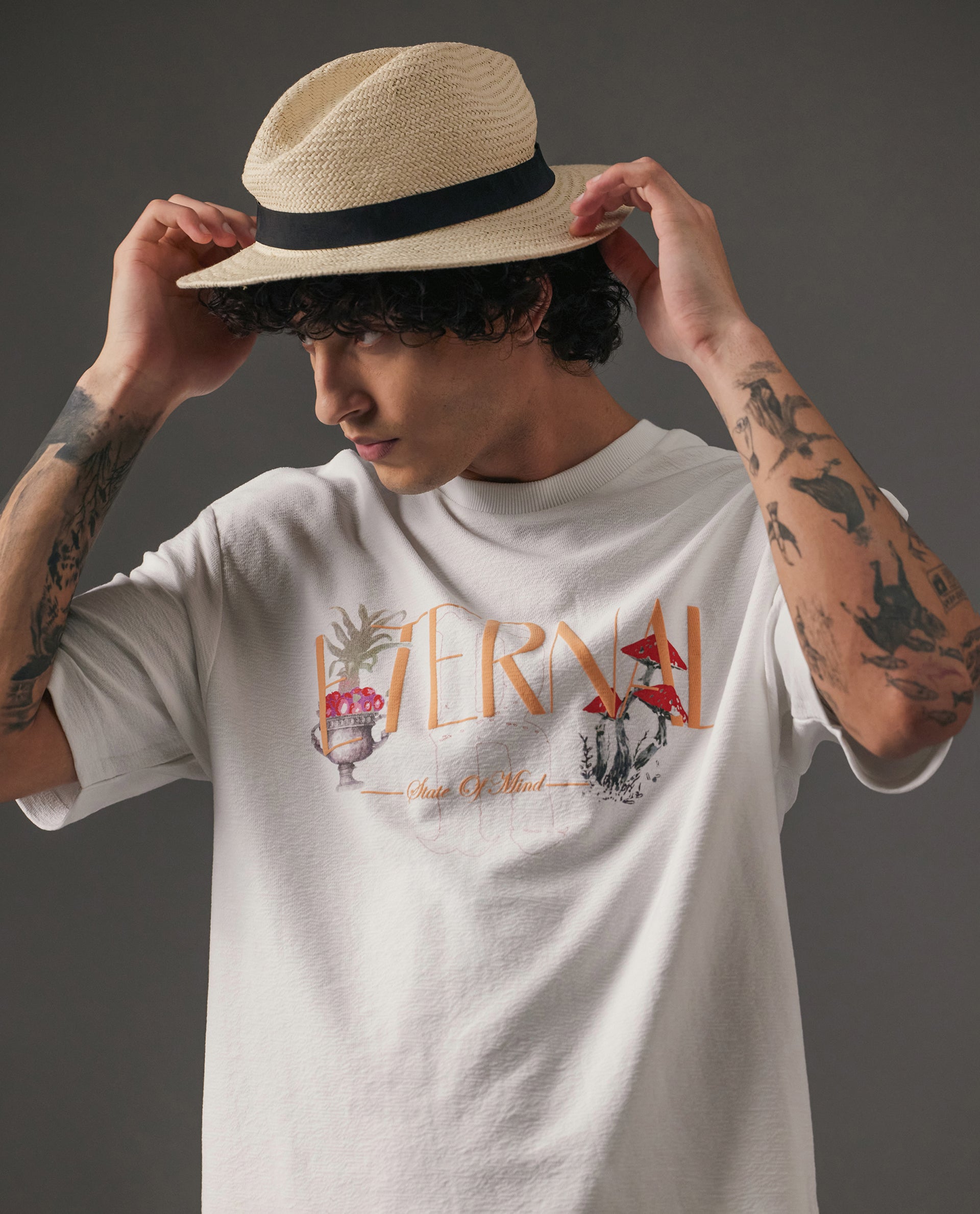 Rare Rabbit Men Graw White Cotton Fabric Short Sleeve Crew Neck Oversized Fit HD Graphic Print T-Shirt